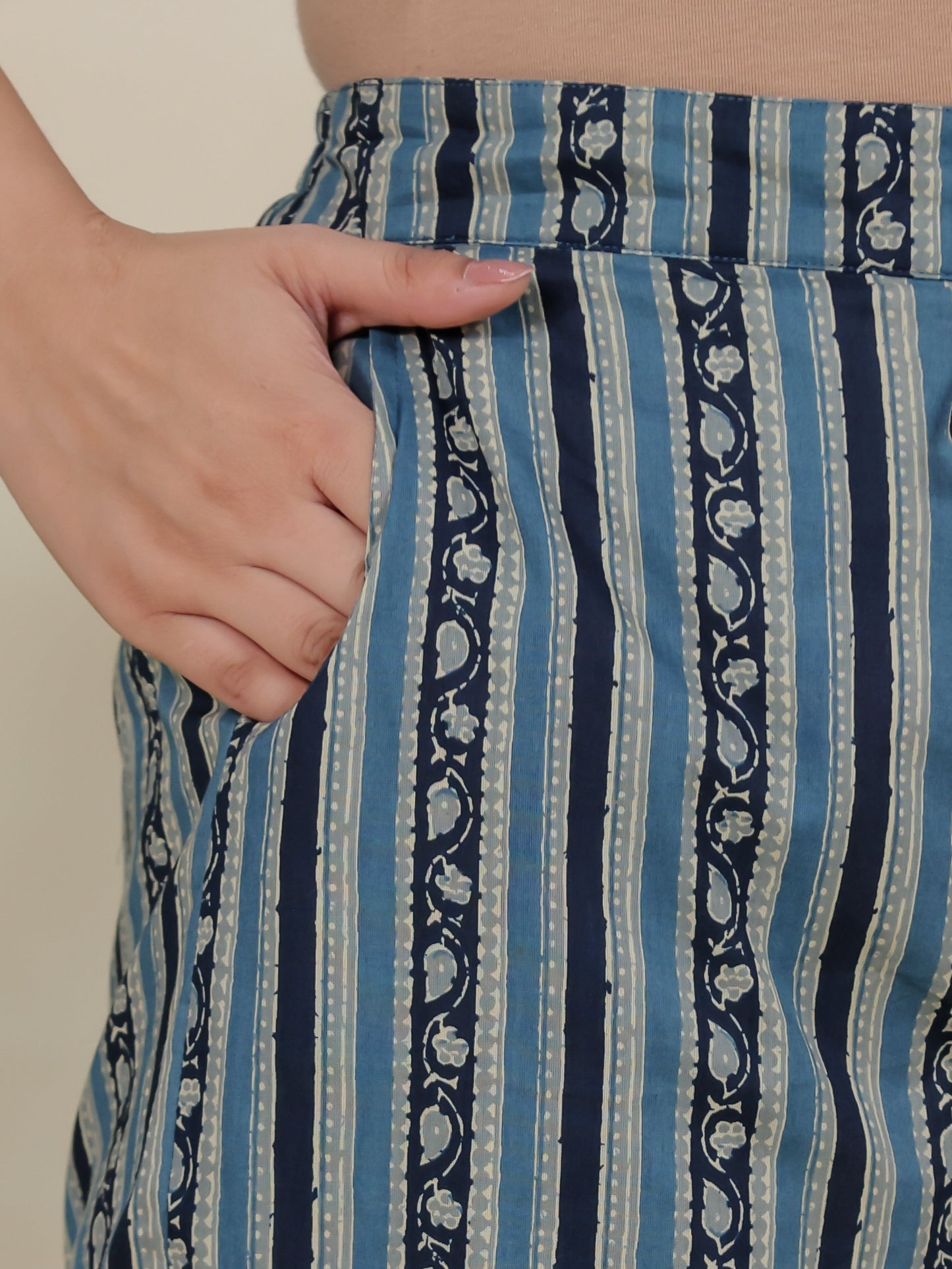 Soft Cotton Border print Blue Straight Trousers