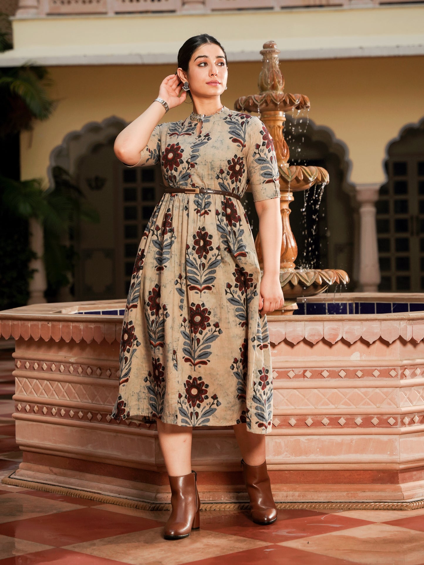 Soft Cotton Floral Flared Grey Dress