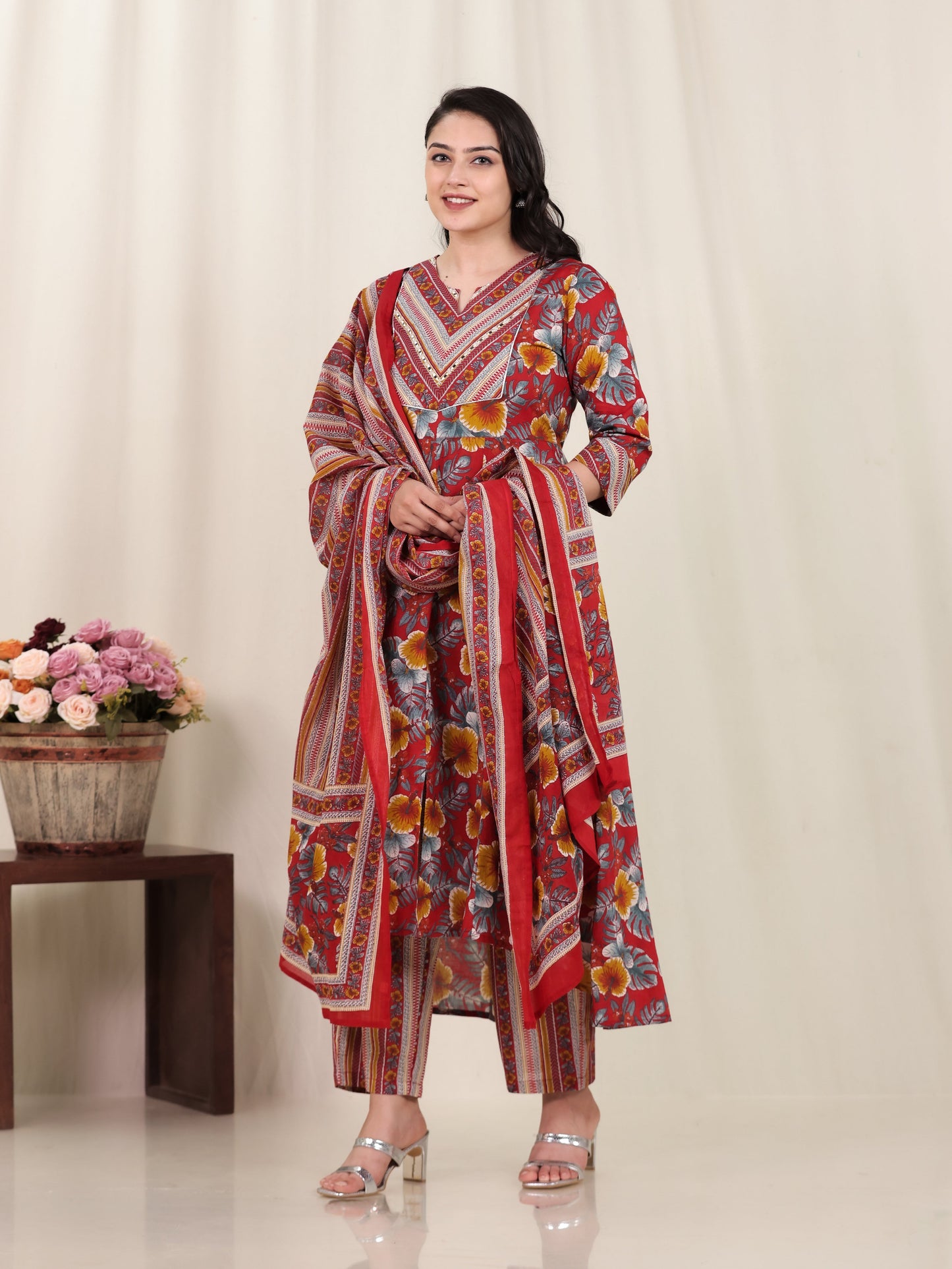Cotton Voile Floral Red Dupatta