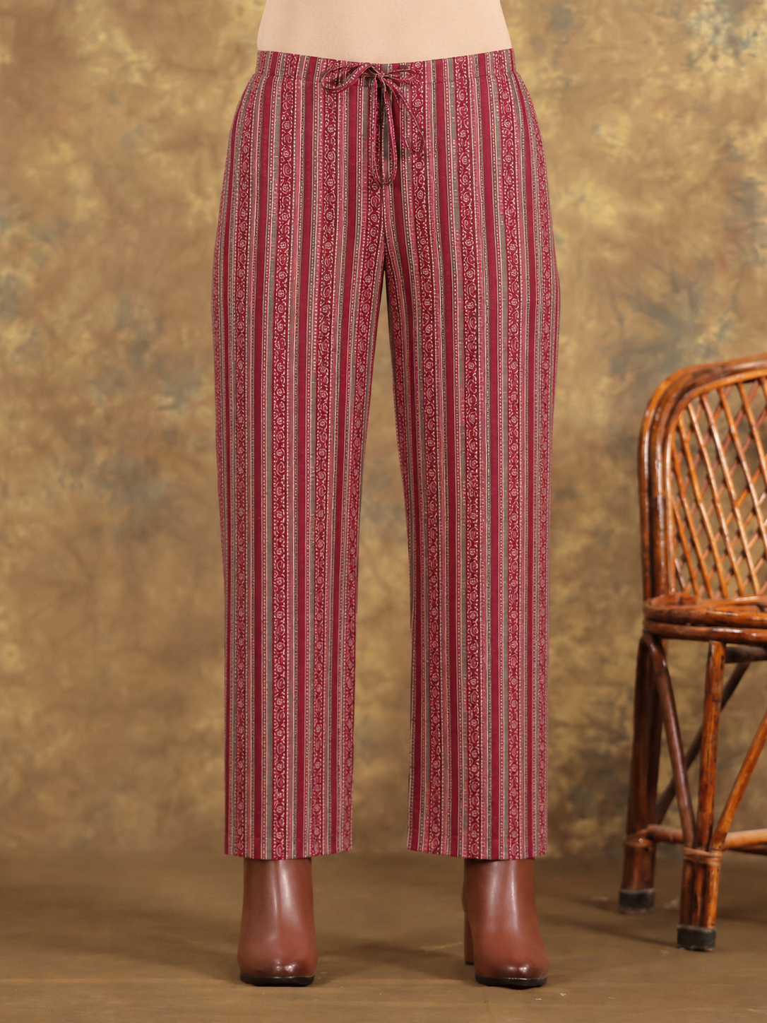 Soft Cotton Striped Maroon Straight Trousers