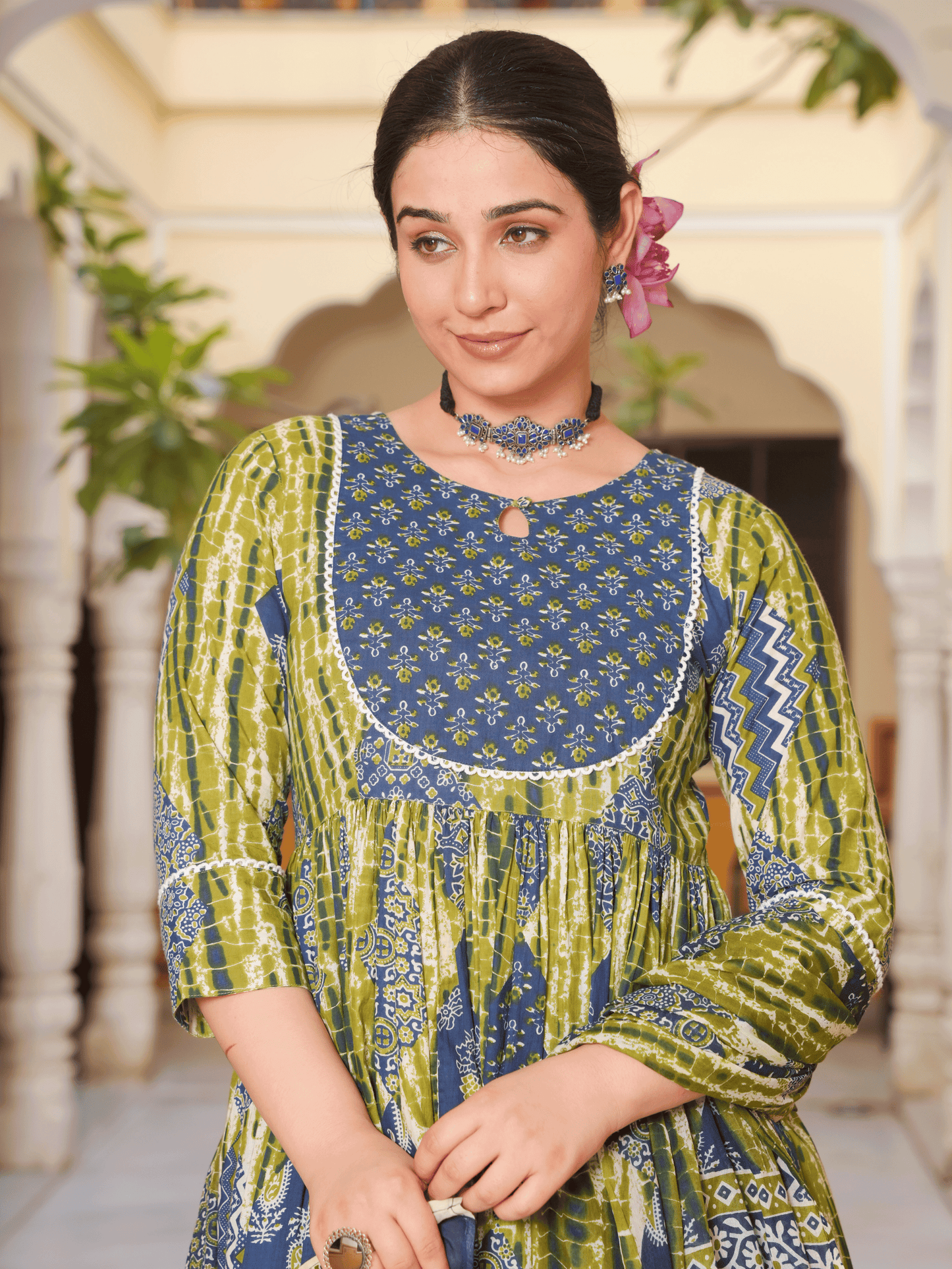 Soft Cotton Geometric Gathered Blue Kurta