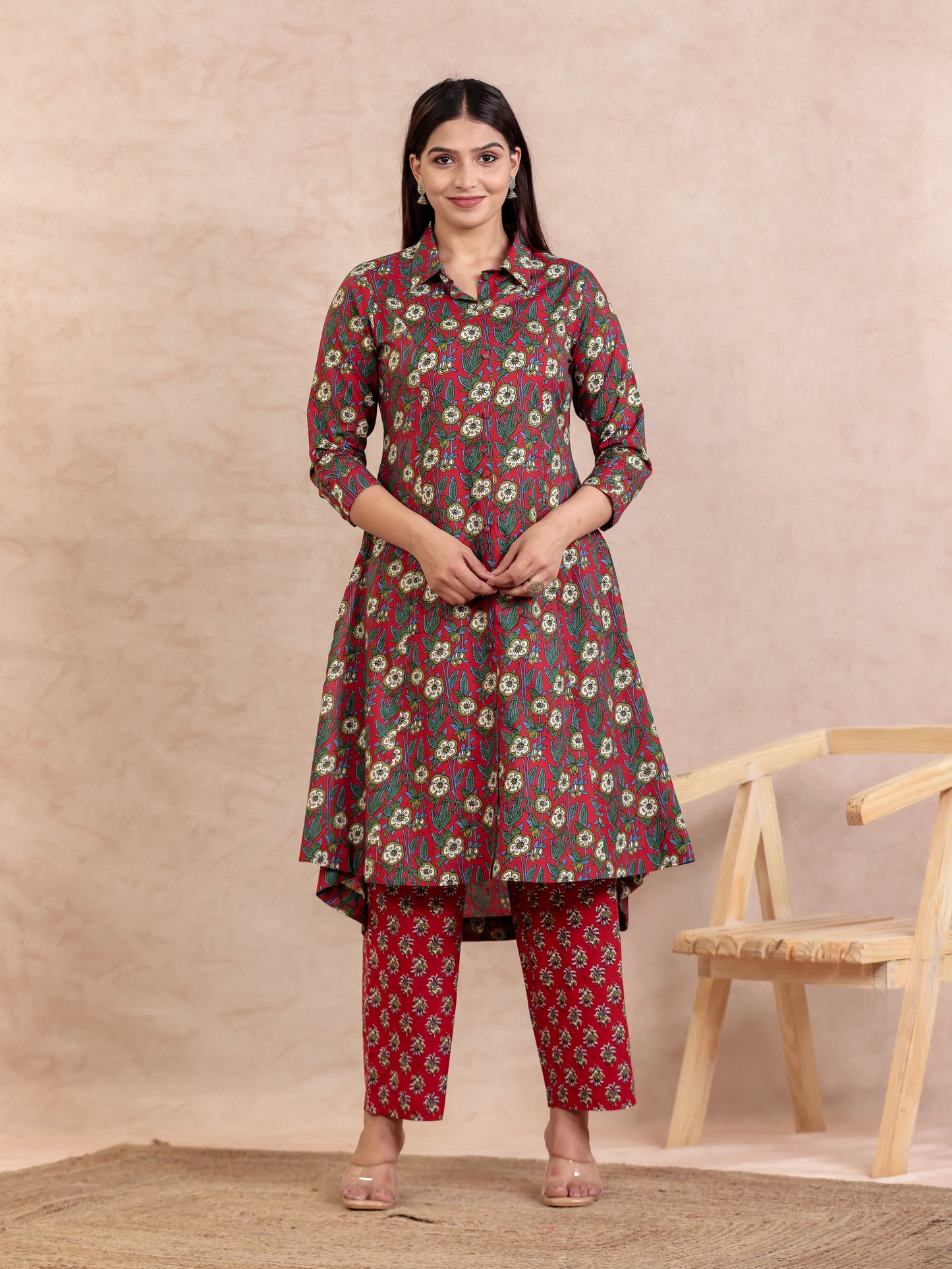 Soft Cotton Floral High Low Red Kurta