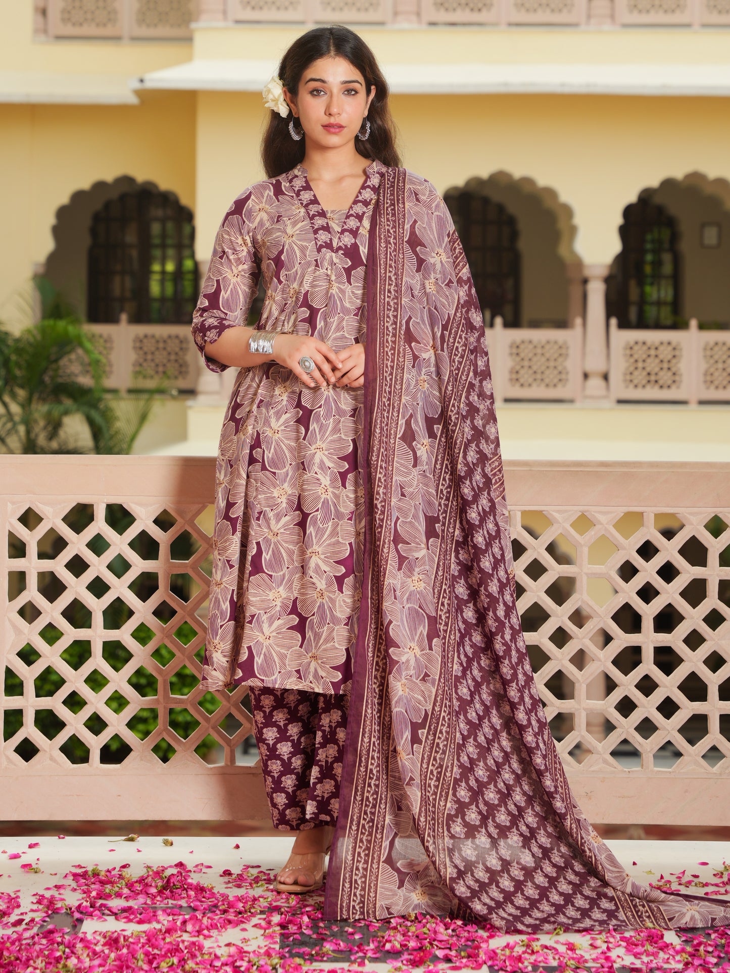Cotton Voile Floral Wine Dupatta