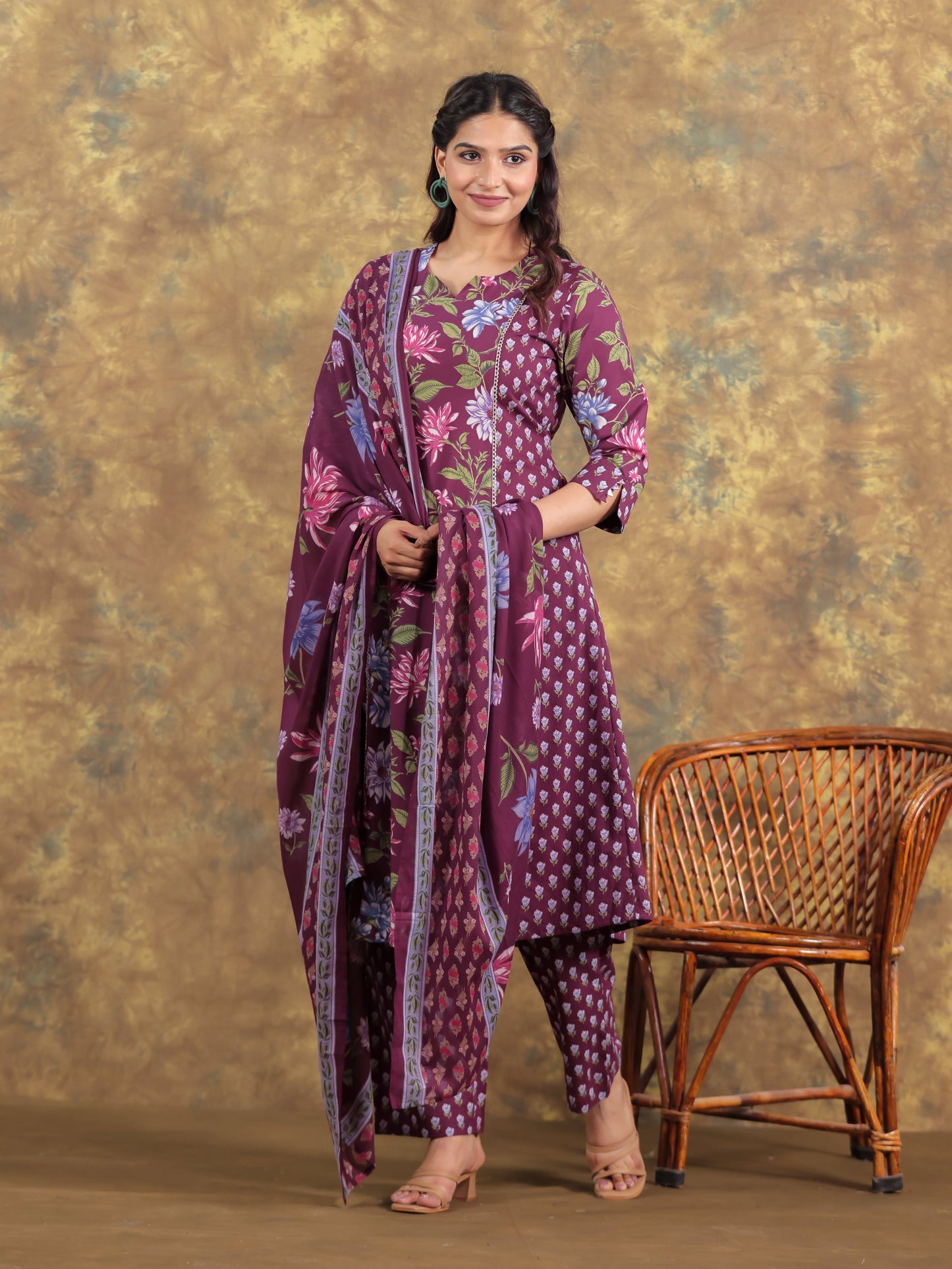 Cotton Voile Floral Wine Dupatta