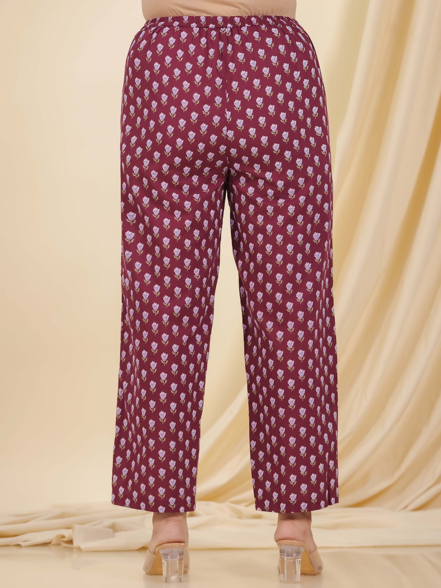 Soft Cotton Floral Wine Straight Trousers
