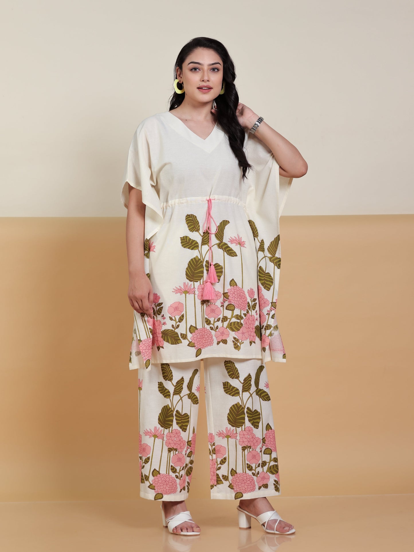 Linen Cotton Placement Print Flared Off White Kaftan