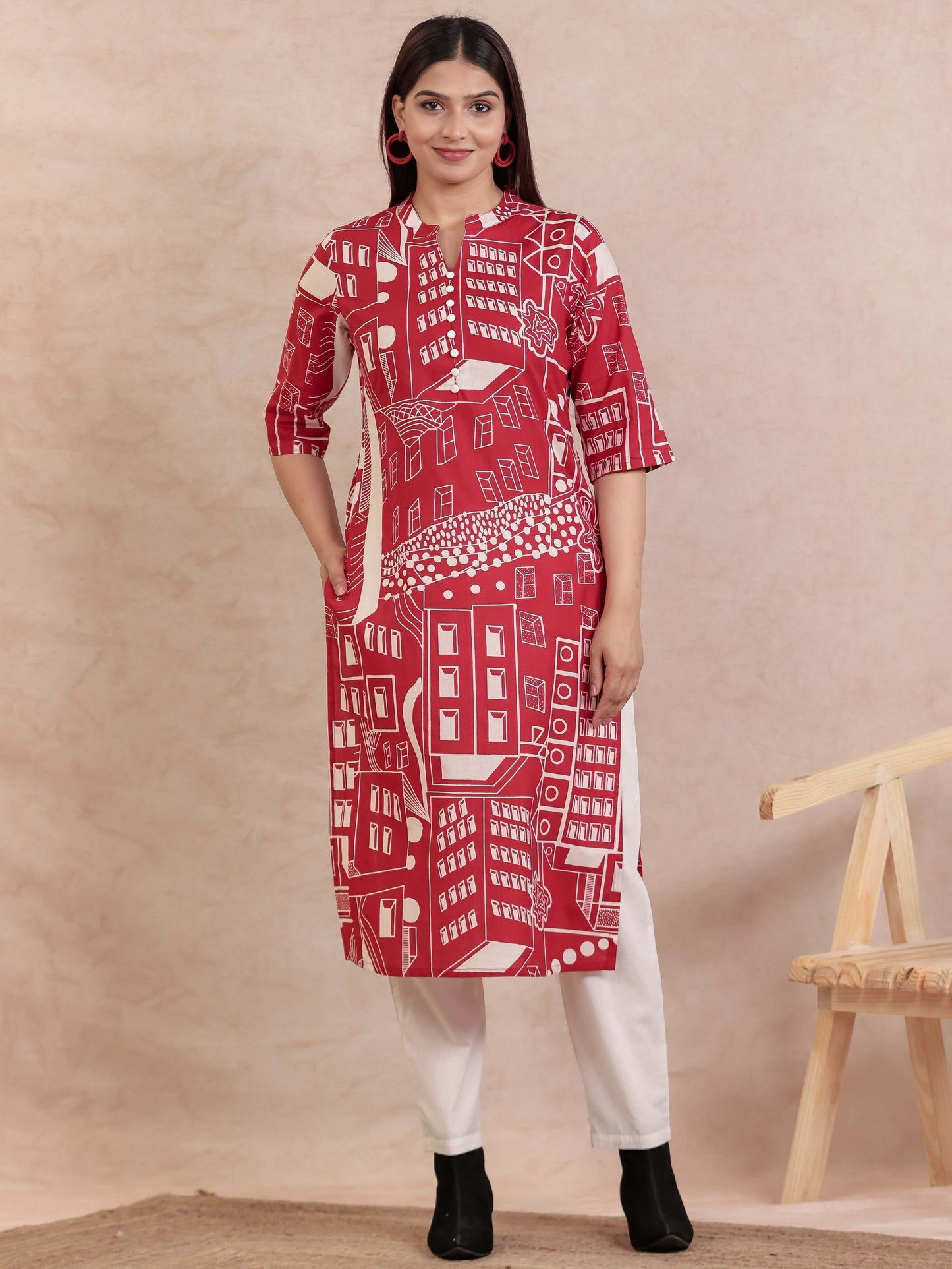 Soft Cotton Abstract Straight Red Kurta
