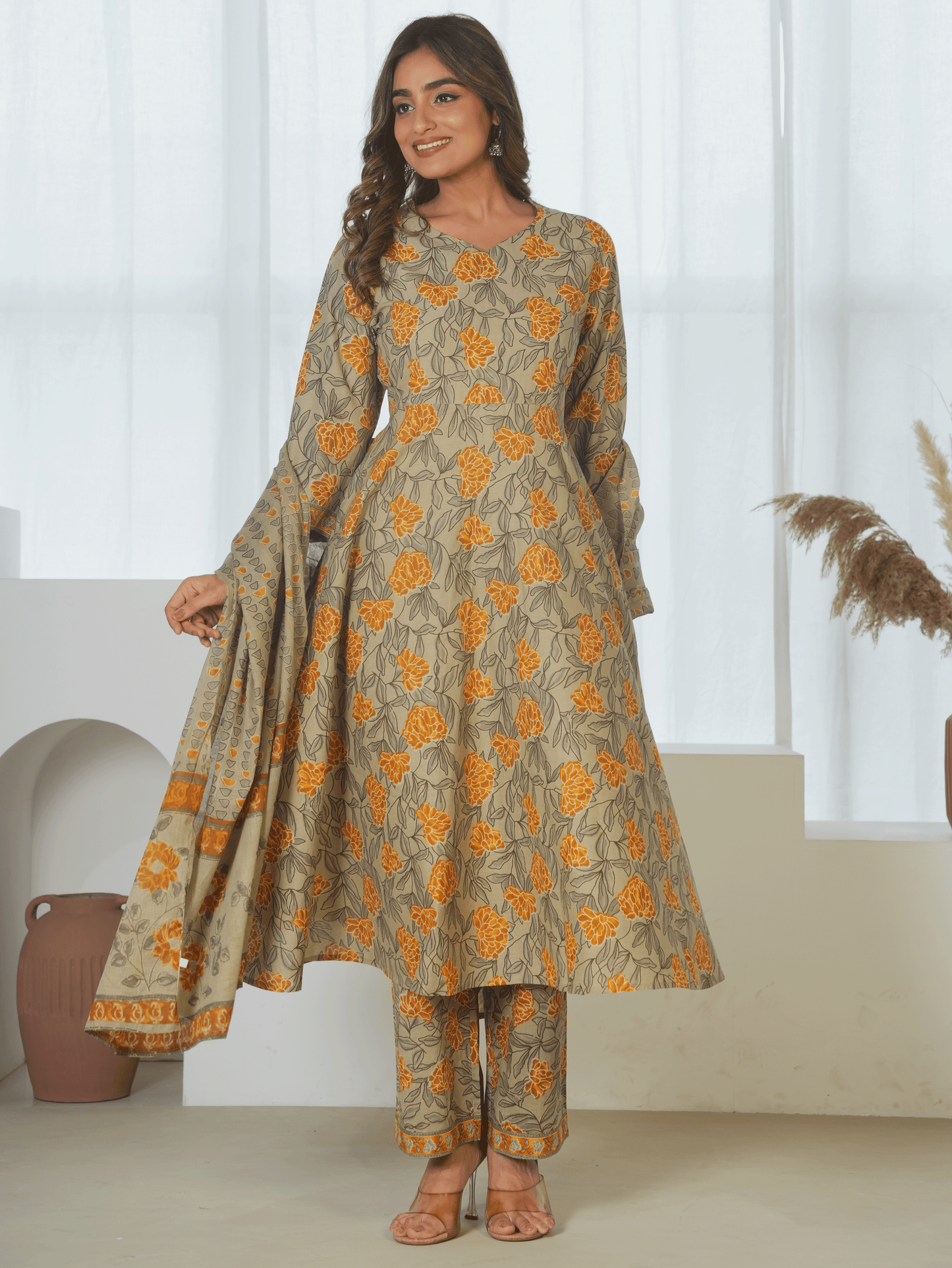 Cotton Voile Floral Yellow Dupatta