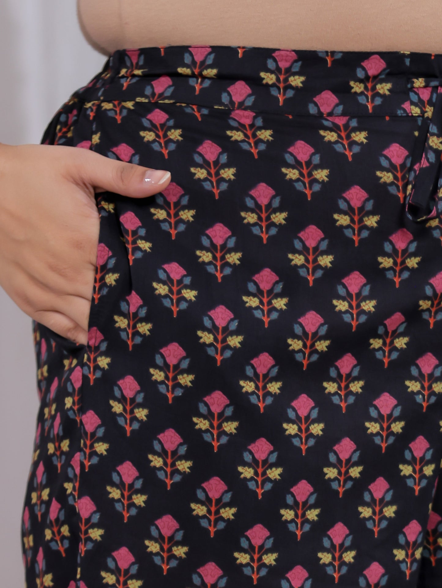 Soft Cotton Floral Black Tapered Tapered Trousers