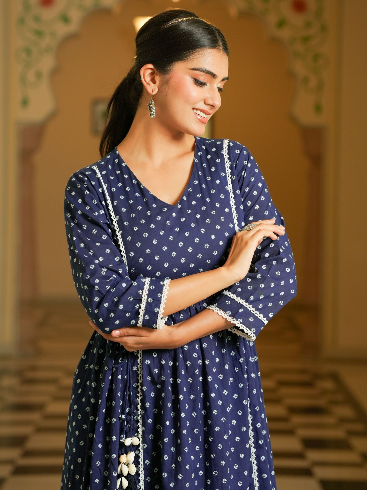 Soft Cotton Bandhani Flared Blue Kurta