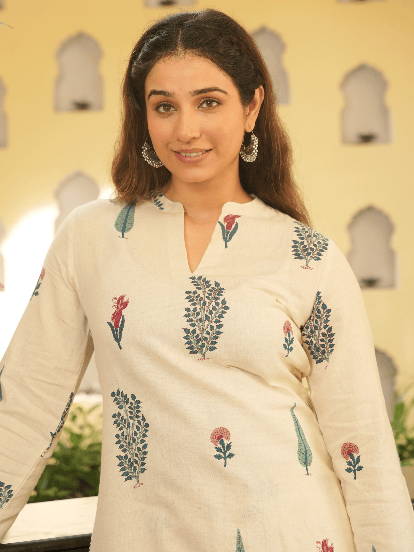 Linen Cotton Floral Straight Off White Kurta