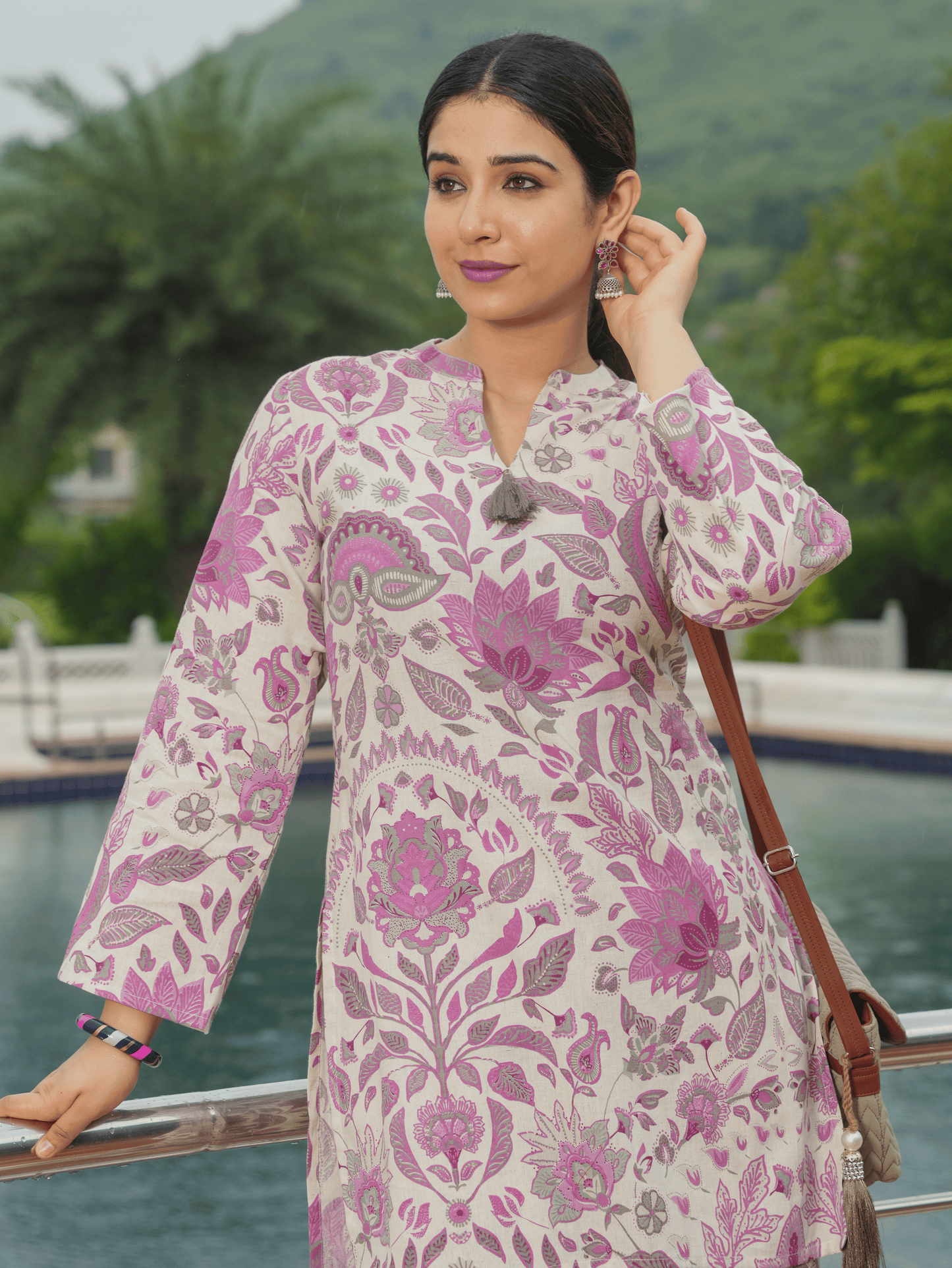 Linen Cotton Floral Straight Off White Kurta