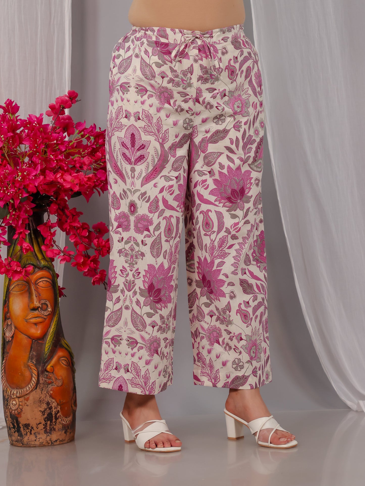 Linen Cotton Floral Straight Off White Kurta