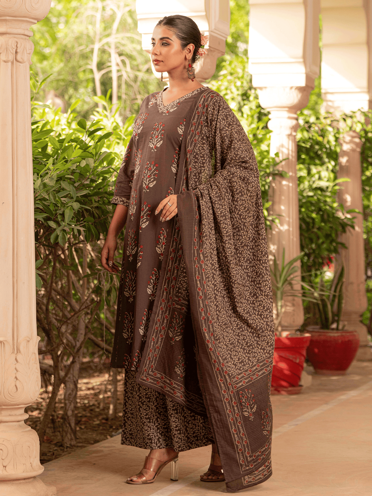 Kota Doria Floral Brown Dupatta