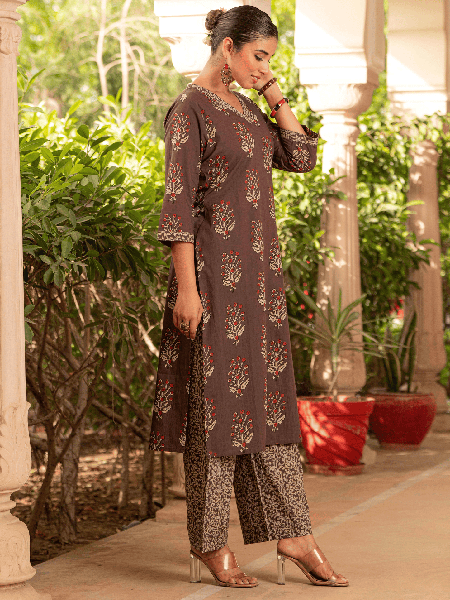 Soft Cotton Floral Straight Brown Kurta