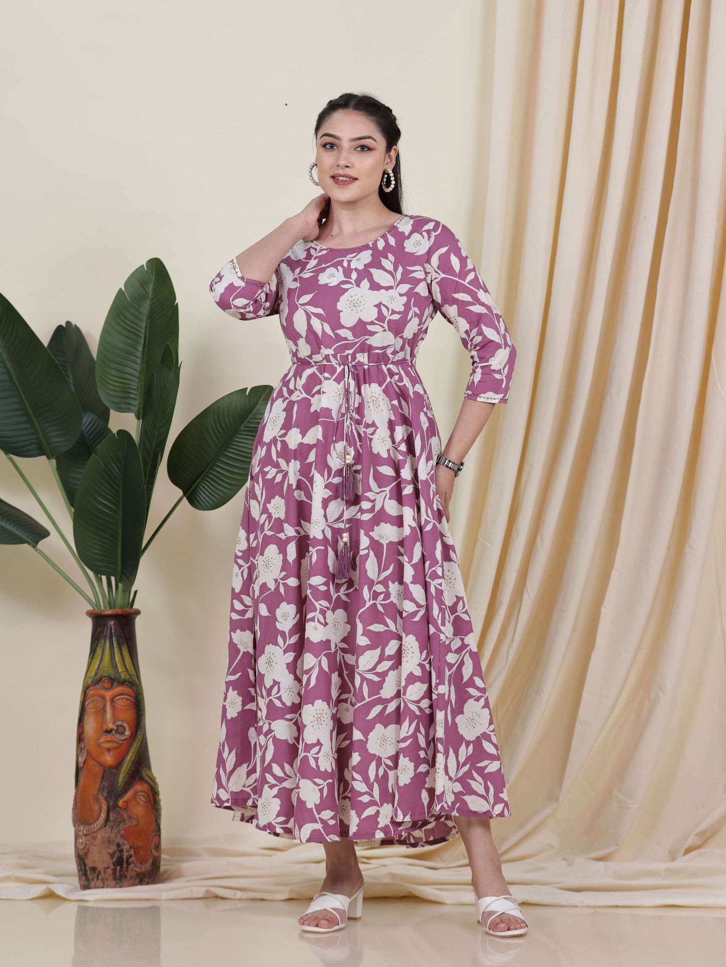 Soft Cotton Floral Anarkali Purple Dress