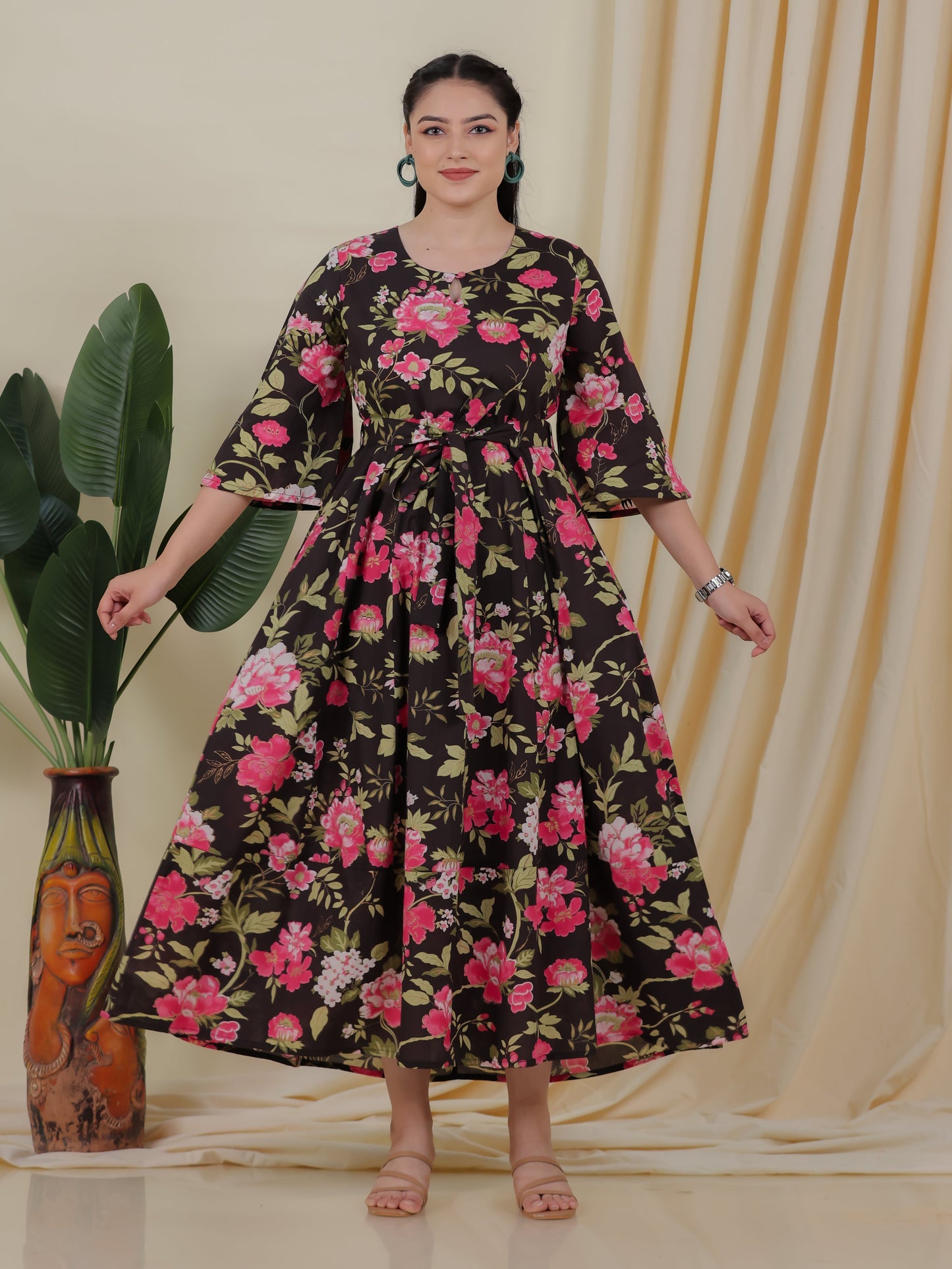 Soft Cotton Floral Anarkali Black Dress