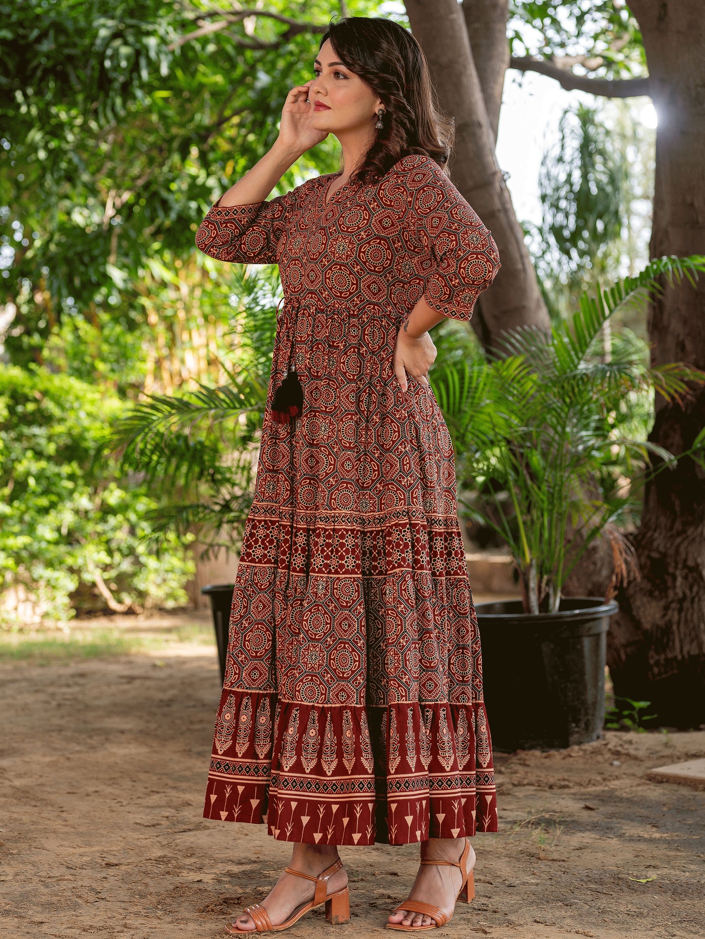 Soft Cotton Ajrakh Anarkali Rust Dress