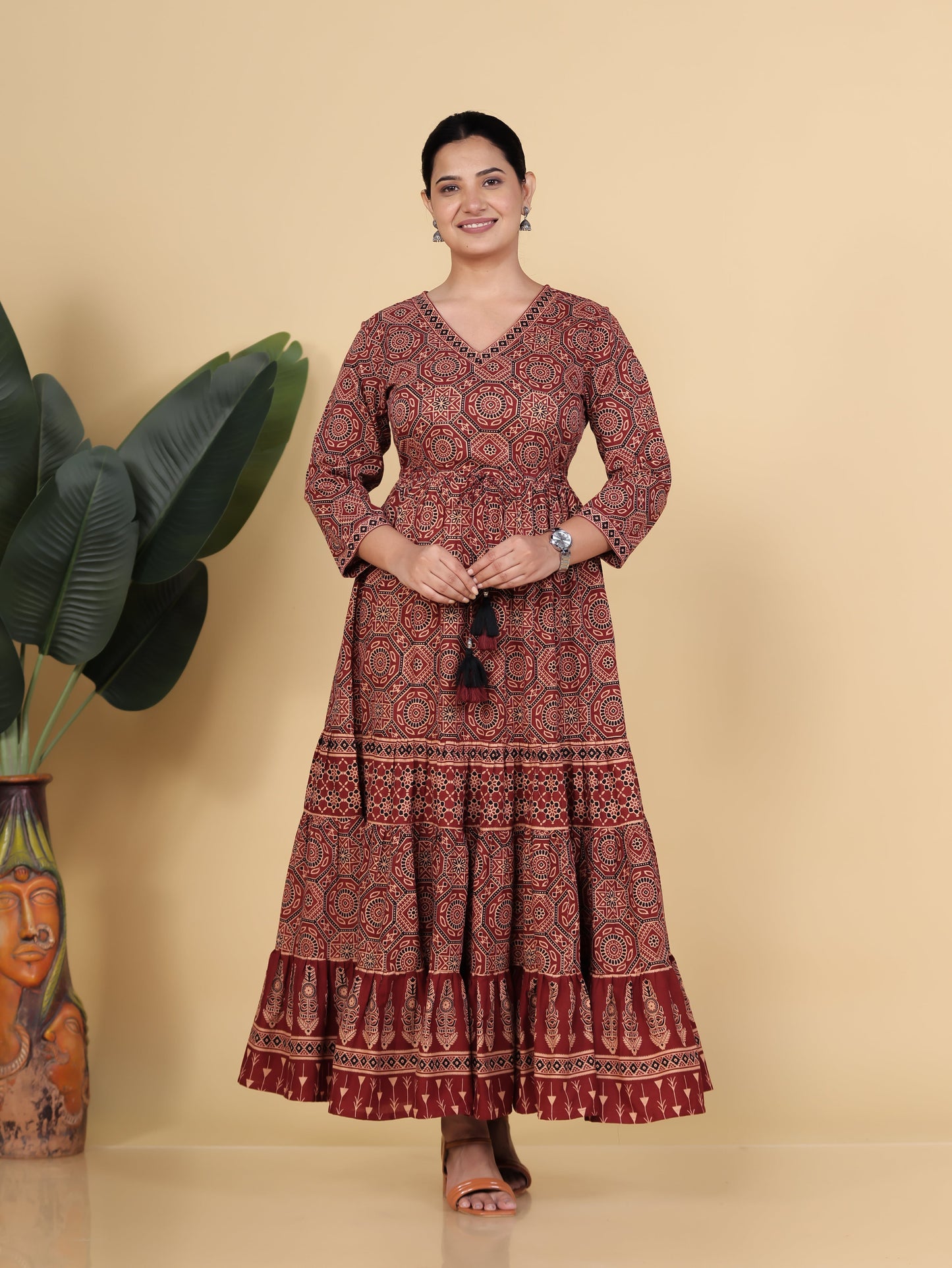 Soft Cotton Ajrakh Anarkali Rust Dress