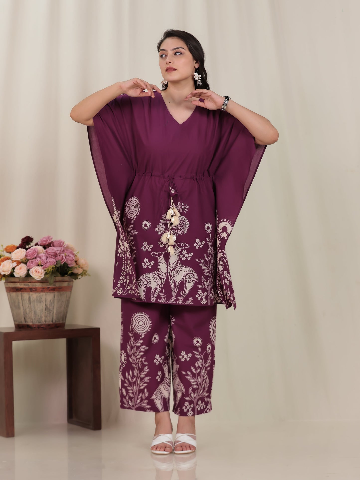 Soft Cotton Placement Print Straight Wine Kurta