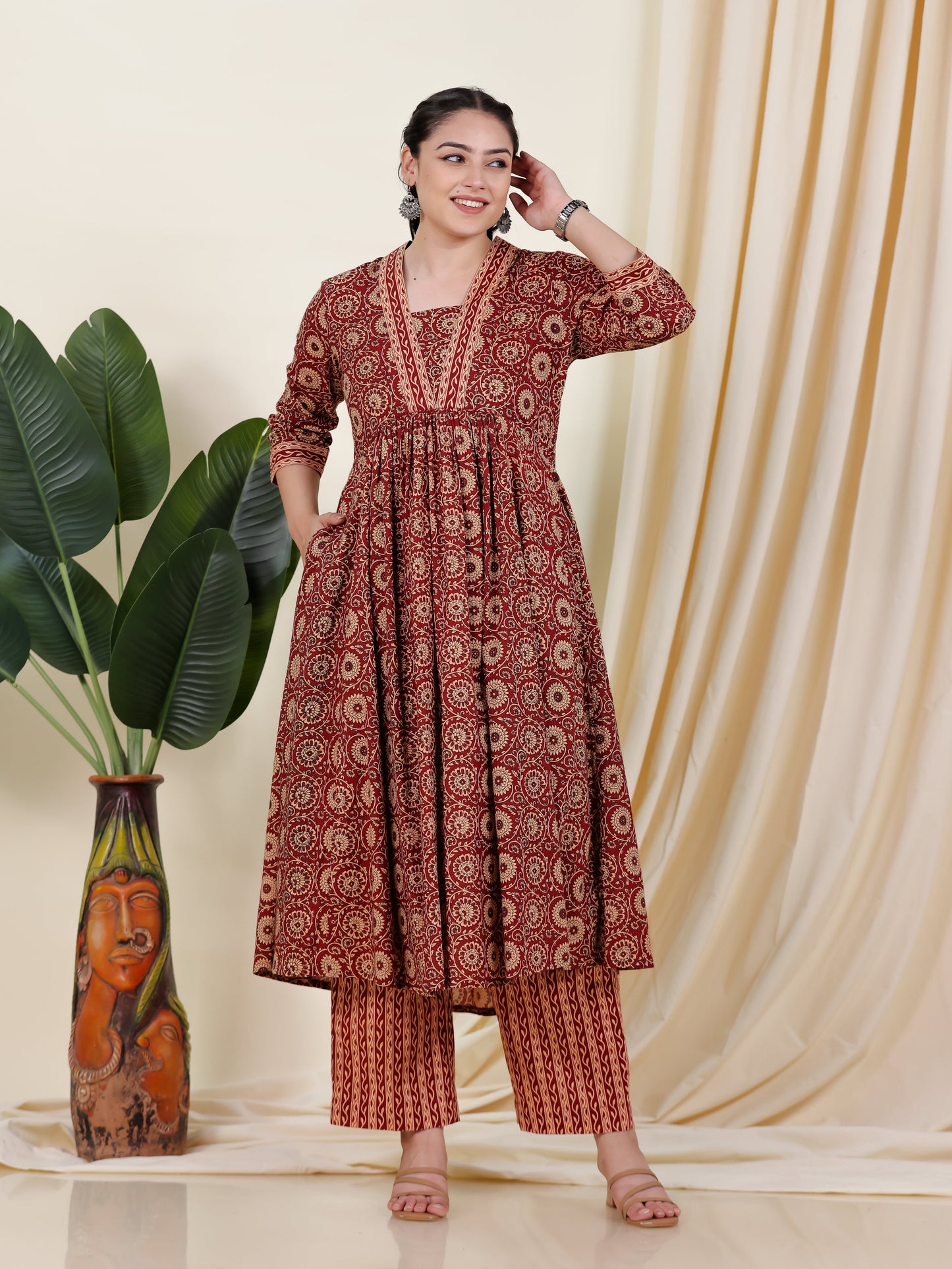 Soft Cotton Floral Anarkali Rust Kurta