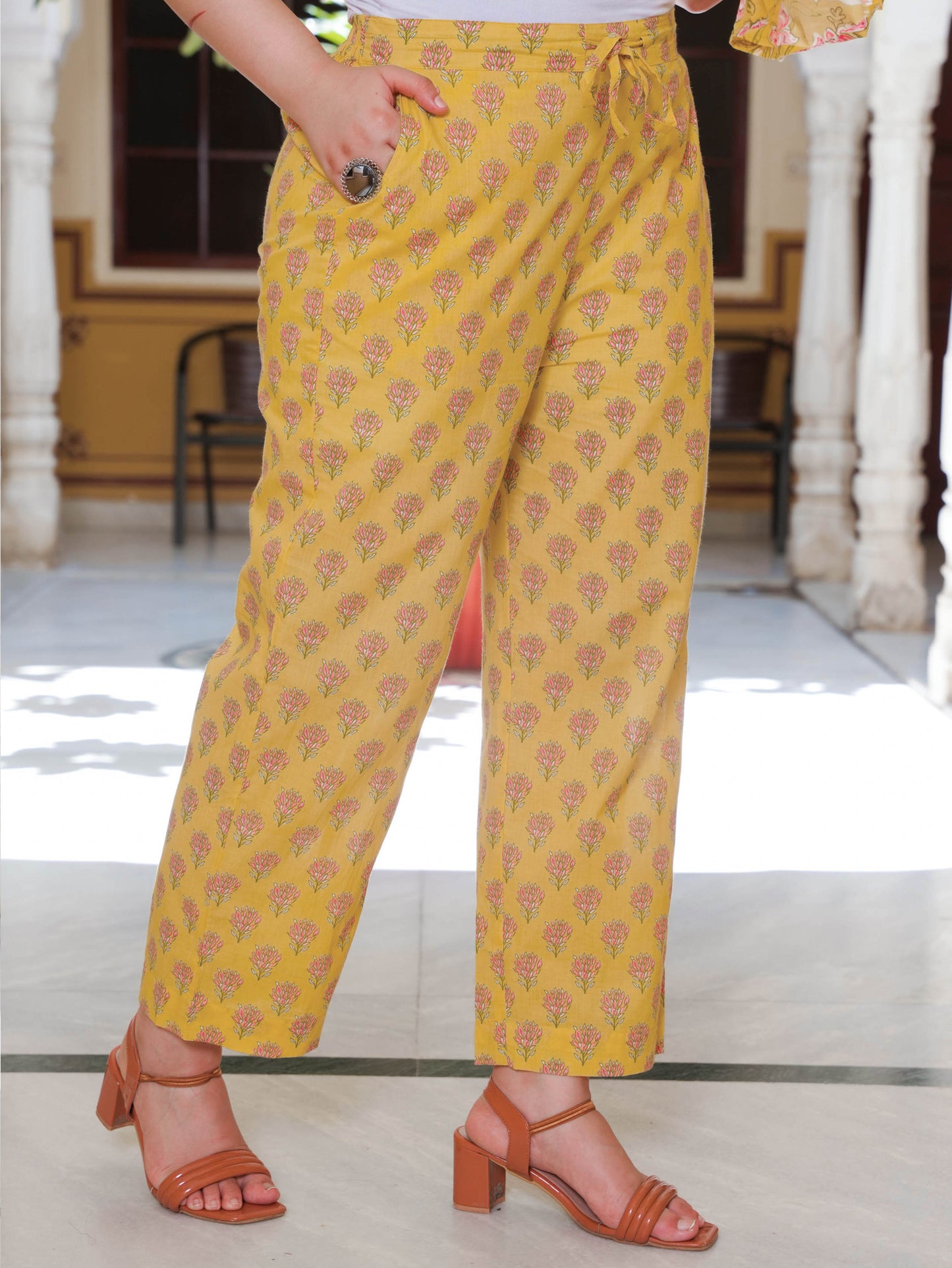 Soft Cotton Floral Yellow Straight Trousers