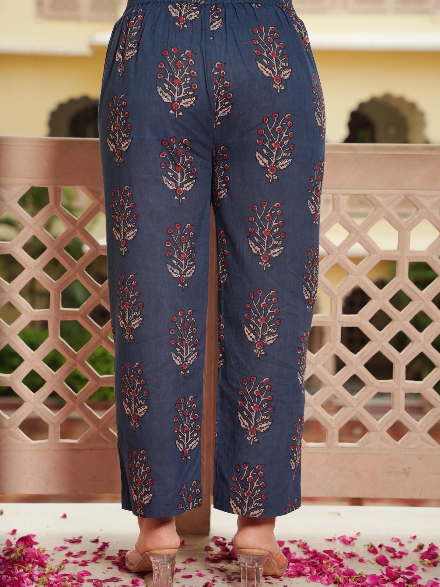 Soft Cotton Floral Blue Straight Straight Trousers