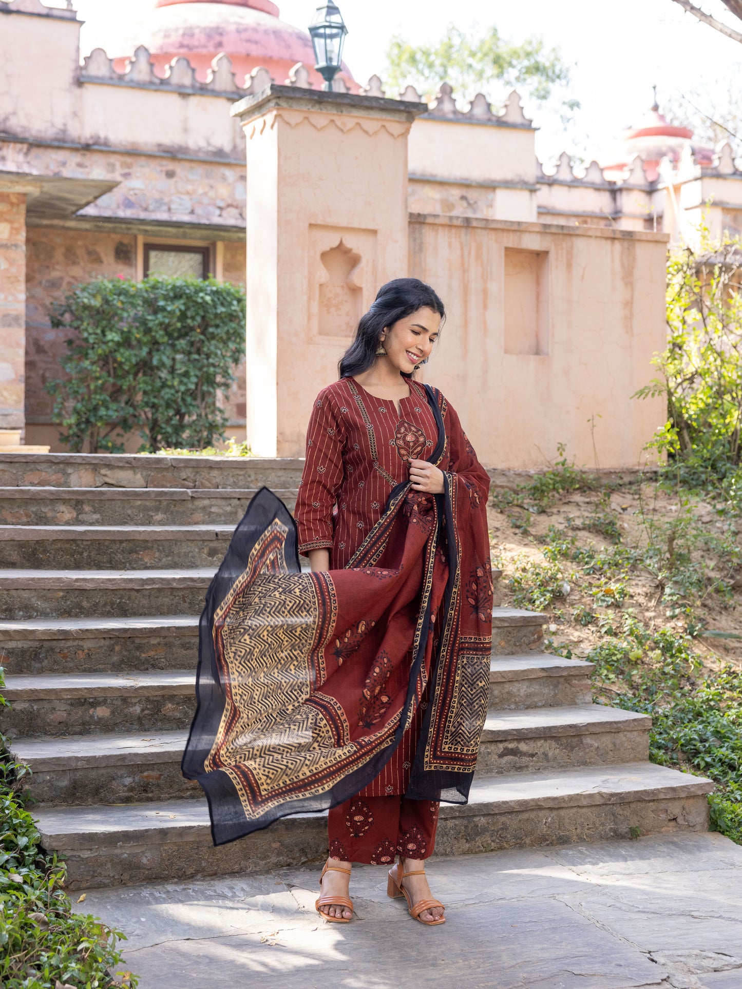Kota Doria Floral Rust Dupatta