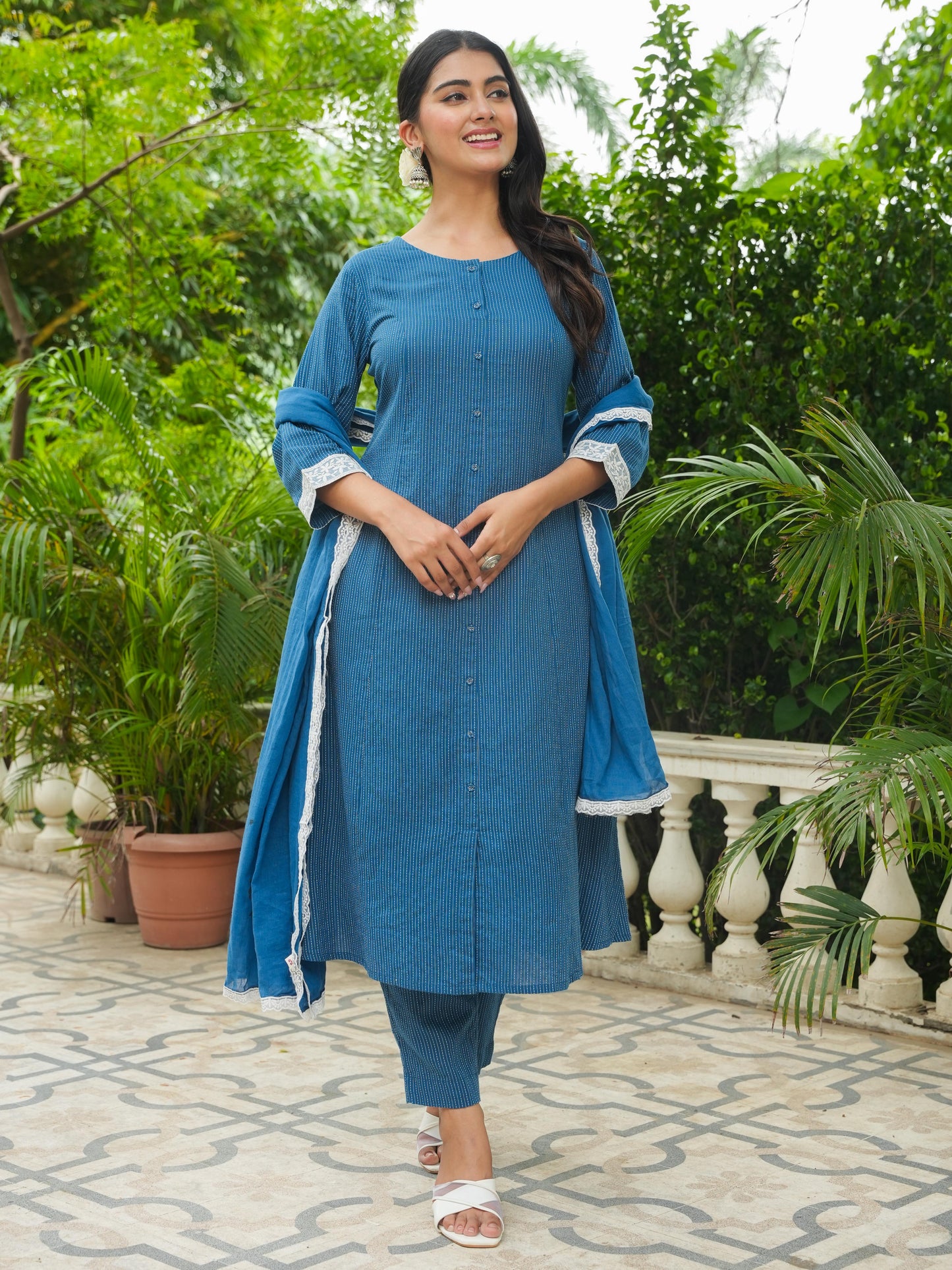 Kantha Cotton Solid A-line Blue Kurta