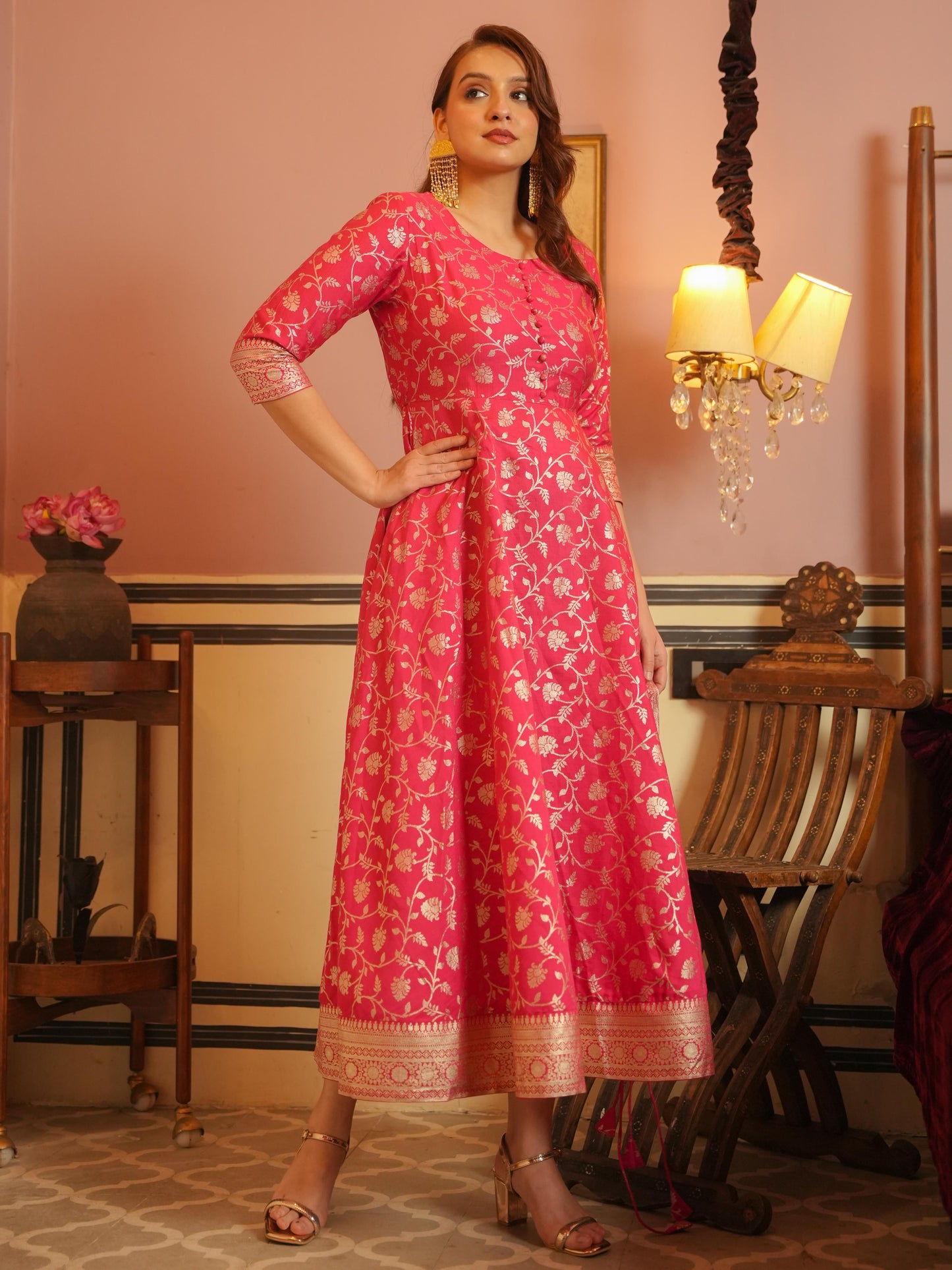 Chanderi Gold foil Anarkali Pink Dress (With Potli)