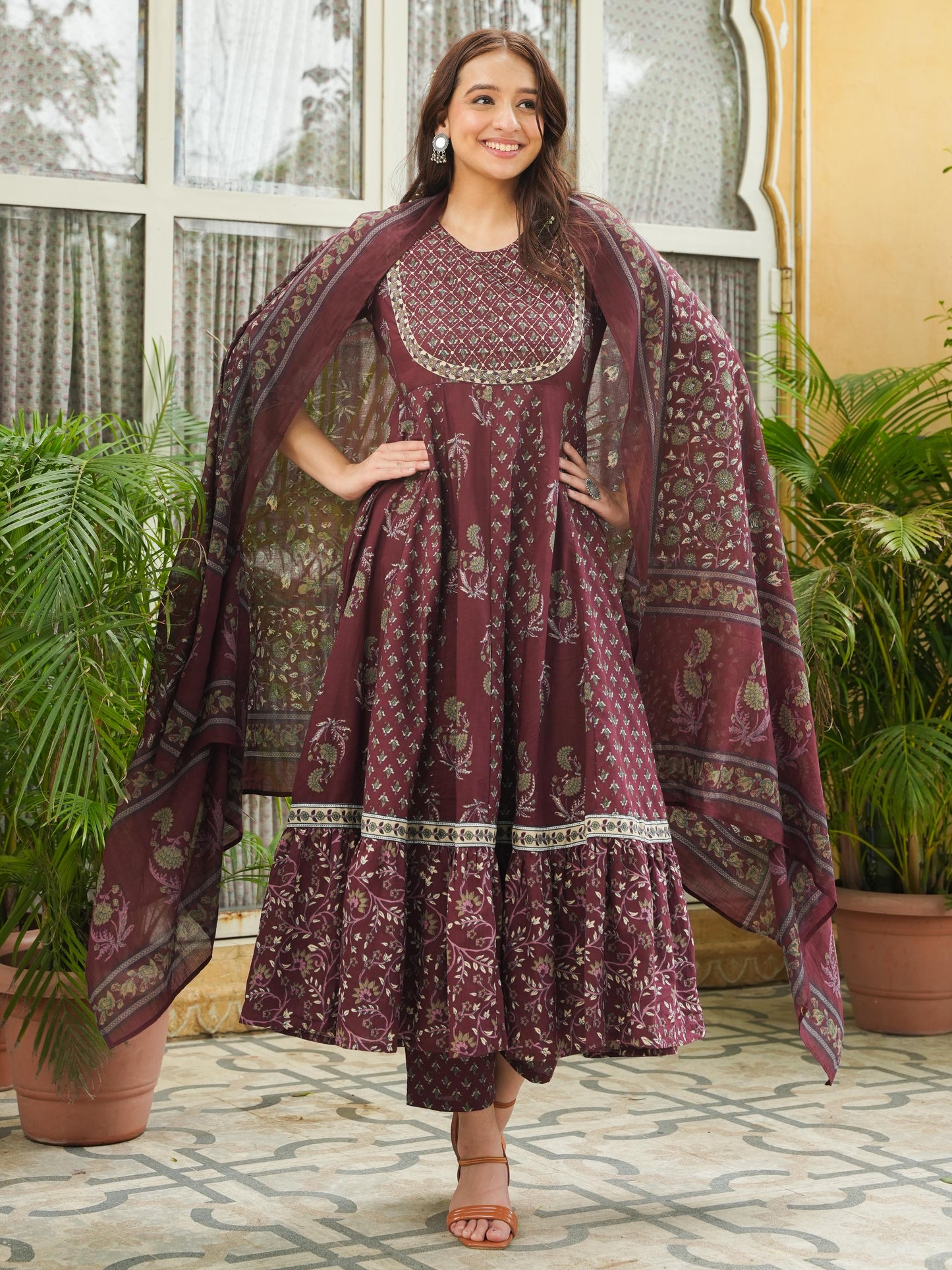 Cotton Voile Floral Maroon Dupatta