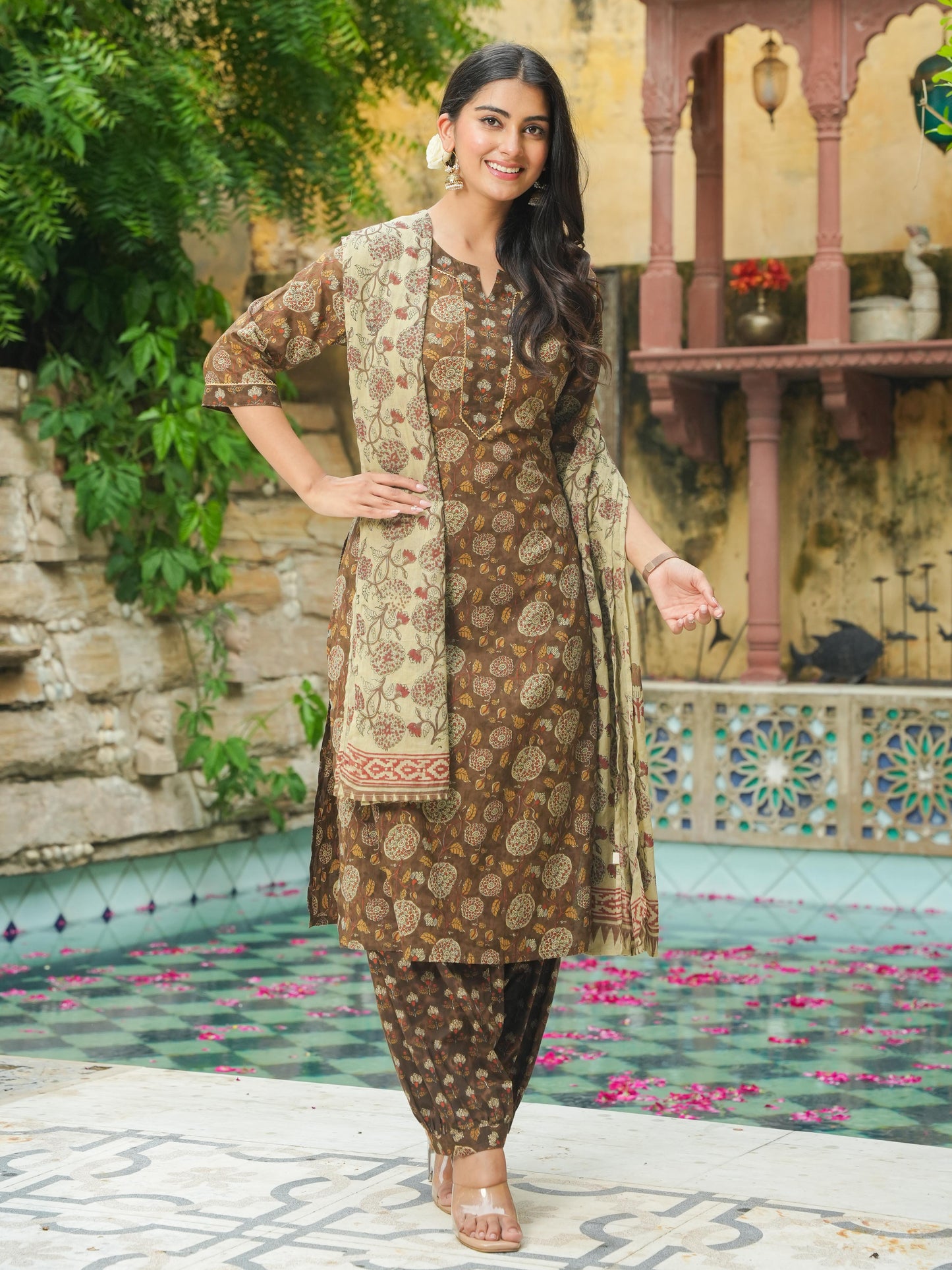 Cotton Voile Floral Beige Dupatta