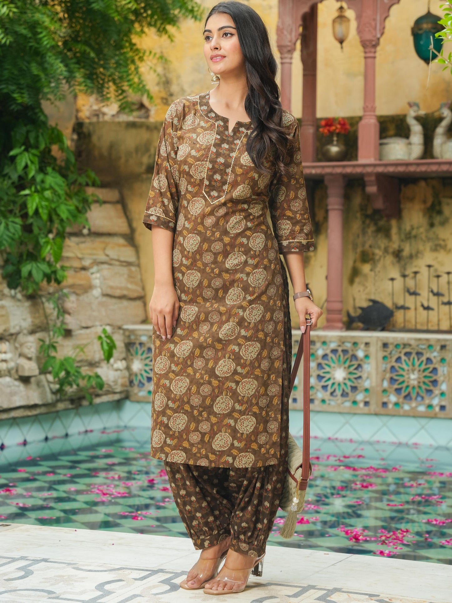 Soft Cotton Floral Straight Brown Kurta