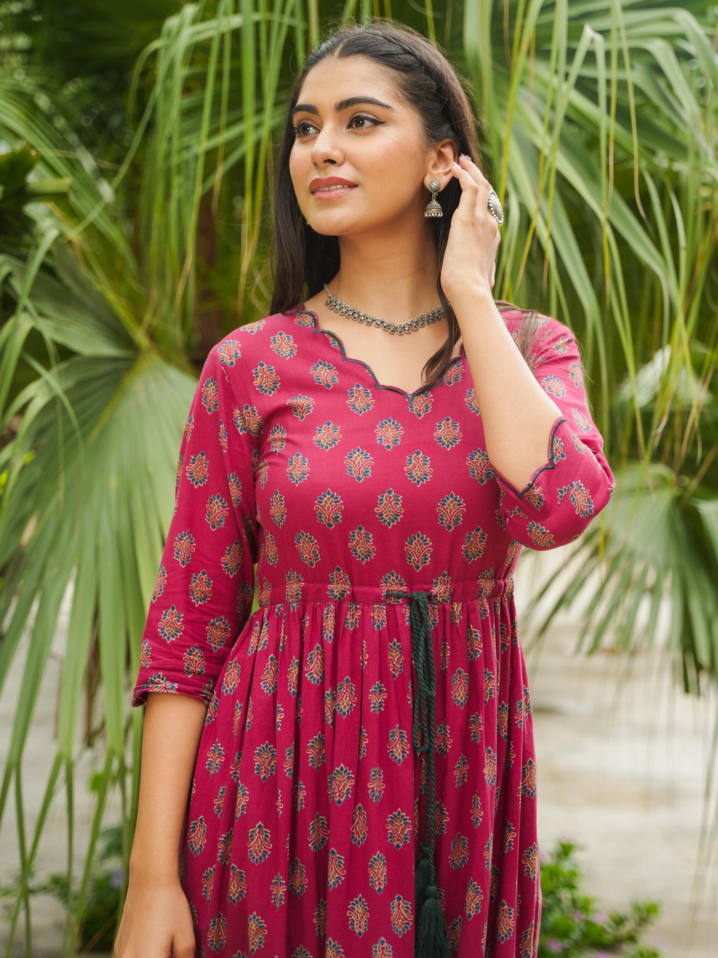 Embroidered Soft Cotton Floral Tiered Maroon Dress