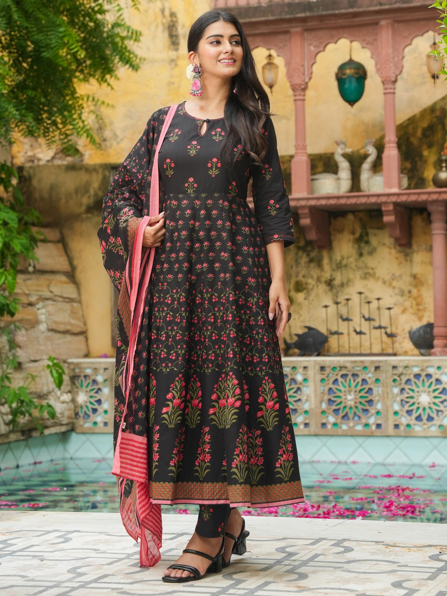 Soft Cotton Floral Anarkali Black Kurta