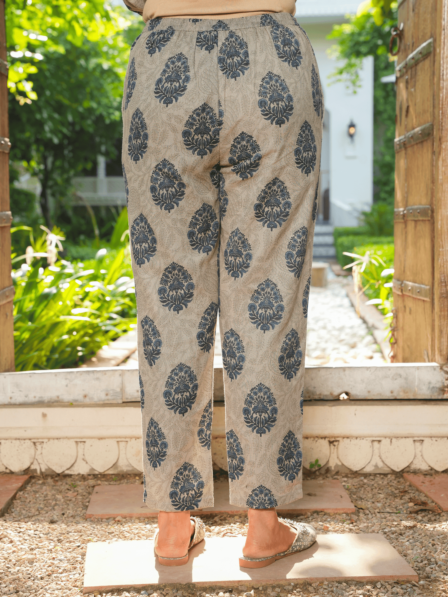 Linen Cotton Floral Grey Tapered Trousers