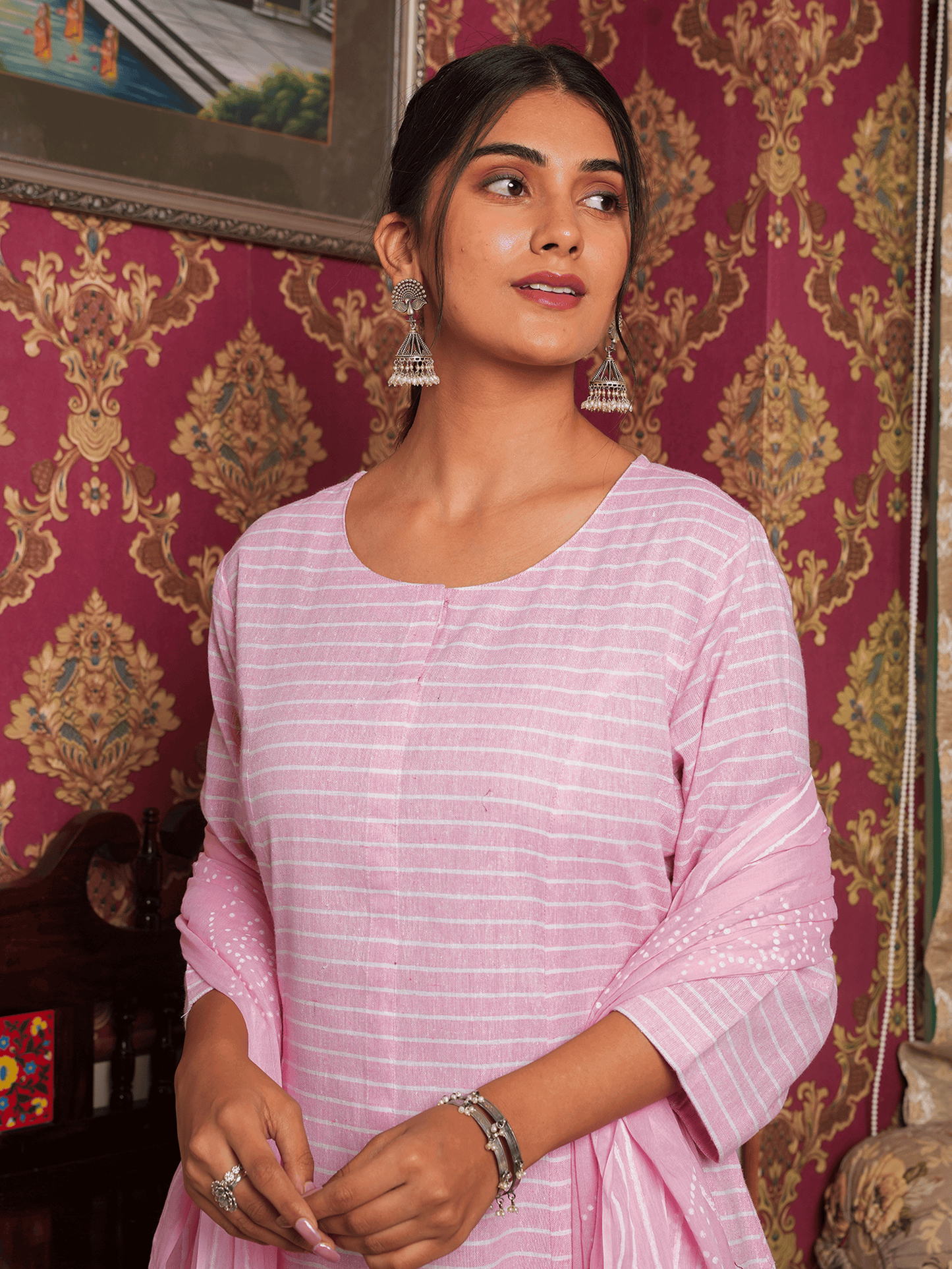 Blend Cotton Striped A-line Baby Pink Kurta