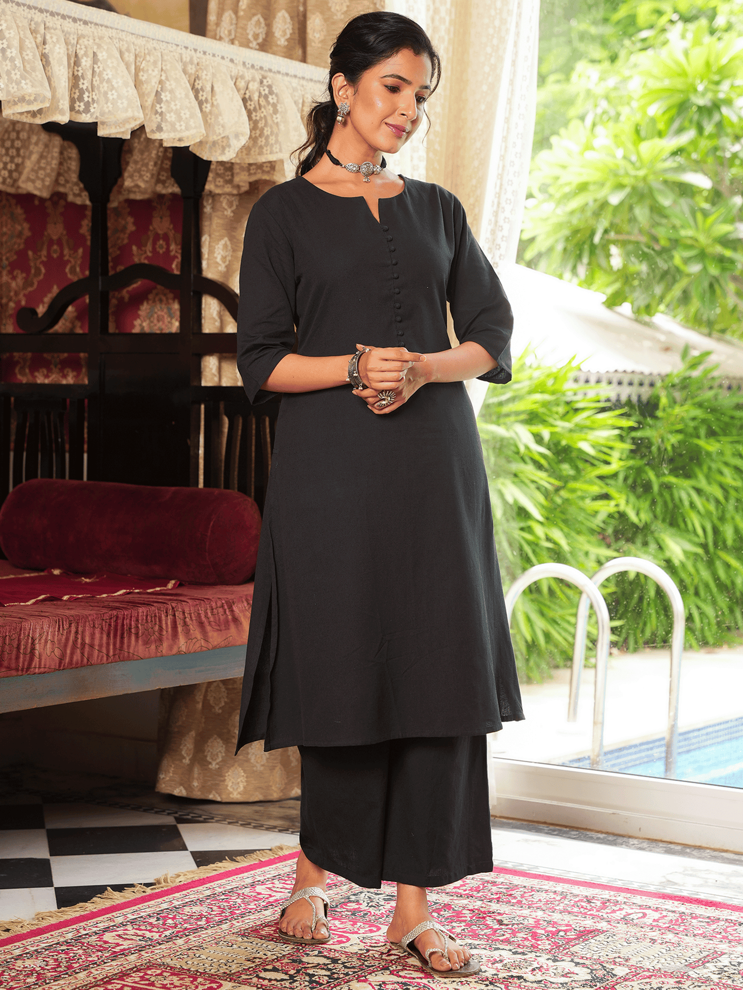 Linen Cotton Solid A-line Black Kurta