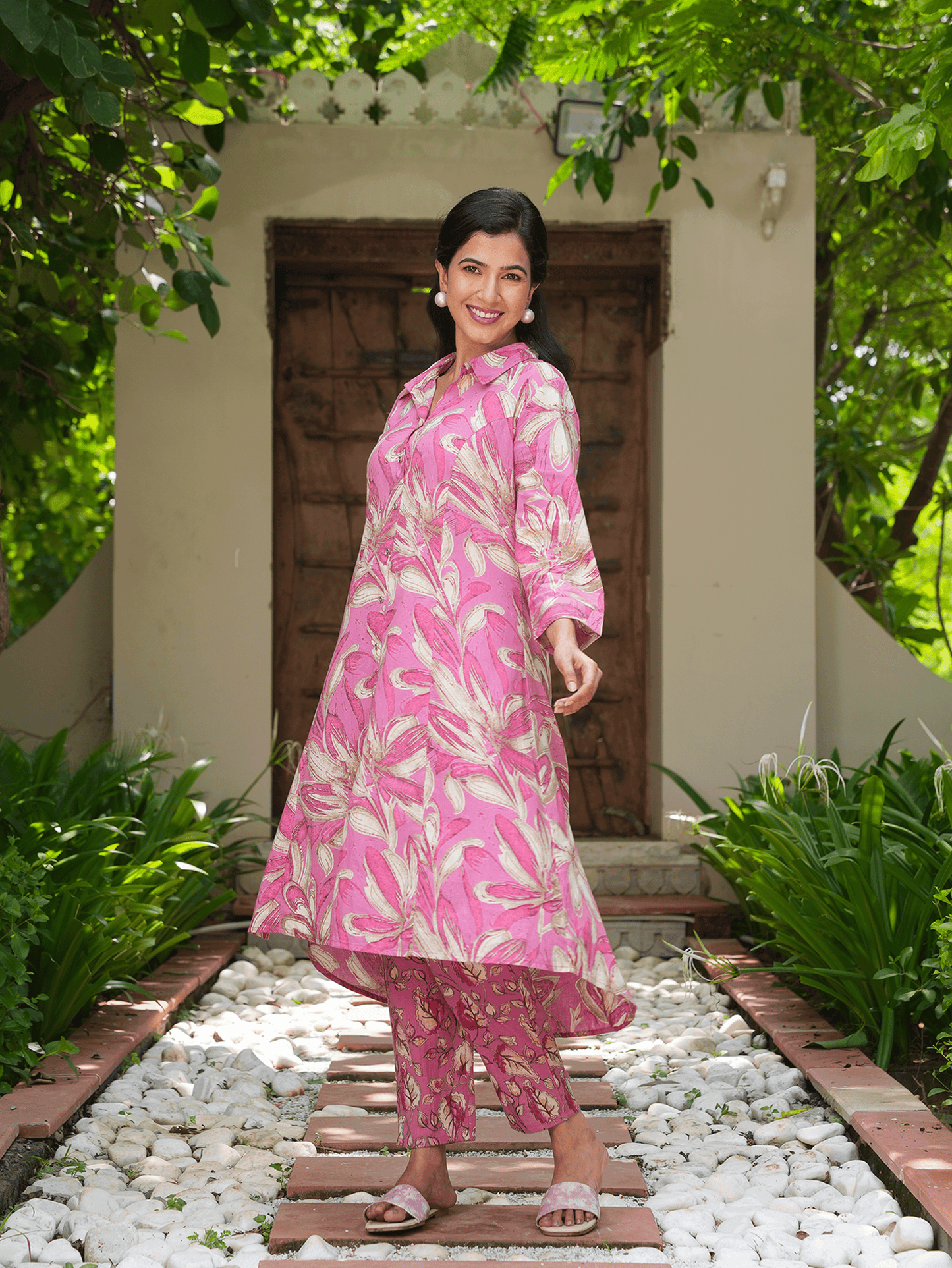 Soft Cotton Foliage High Low Pink Kurta