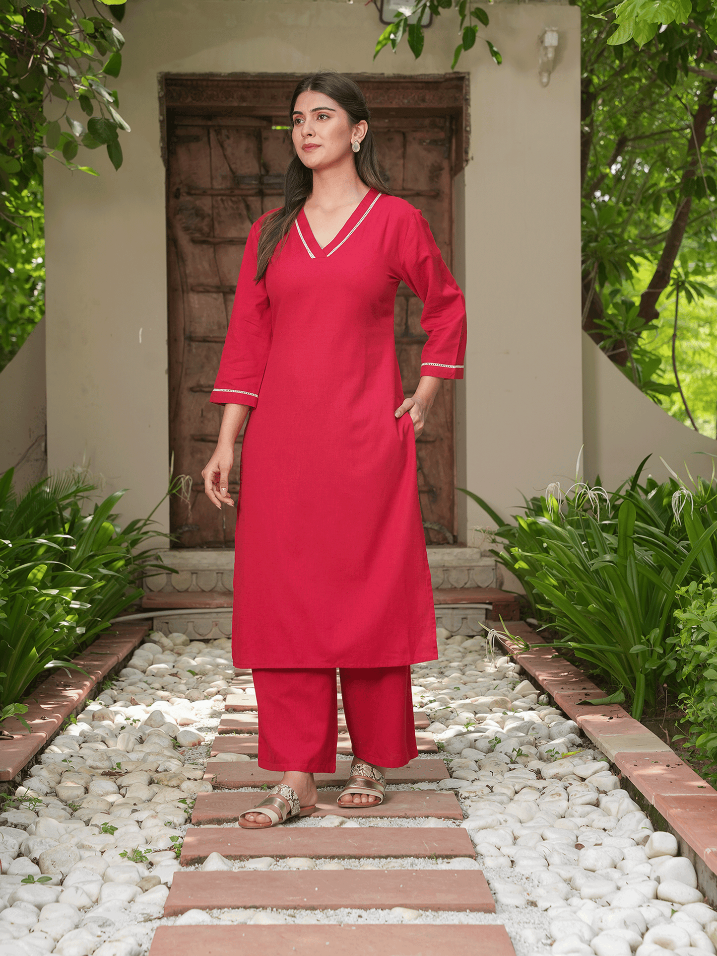Linen Cotton Solid Straight Red Kurta