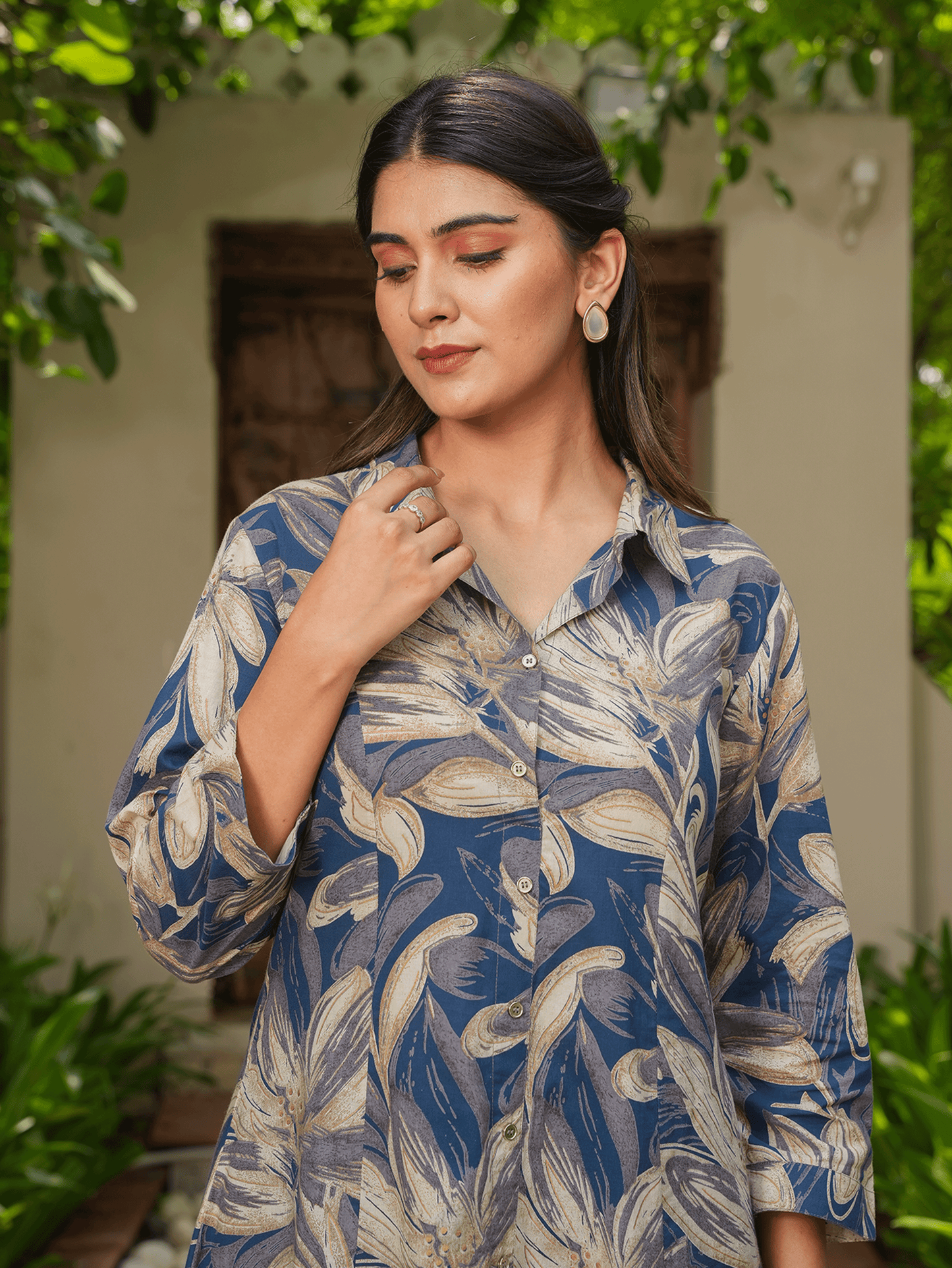 Soft Cotton Floral High Low Blue Kurta