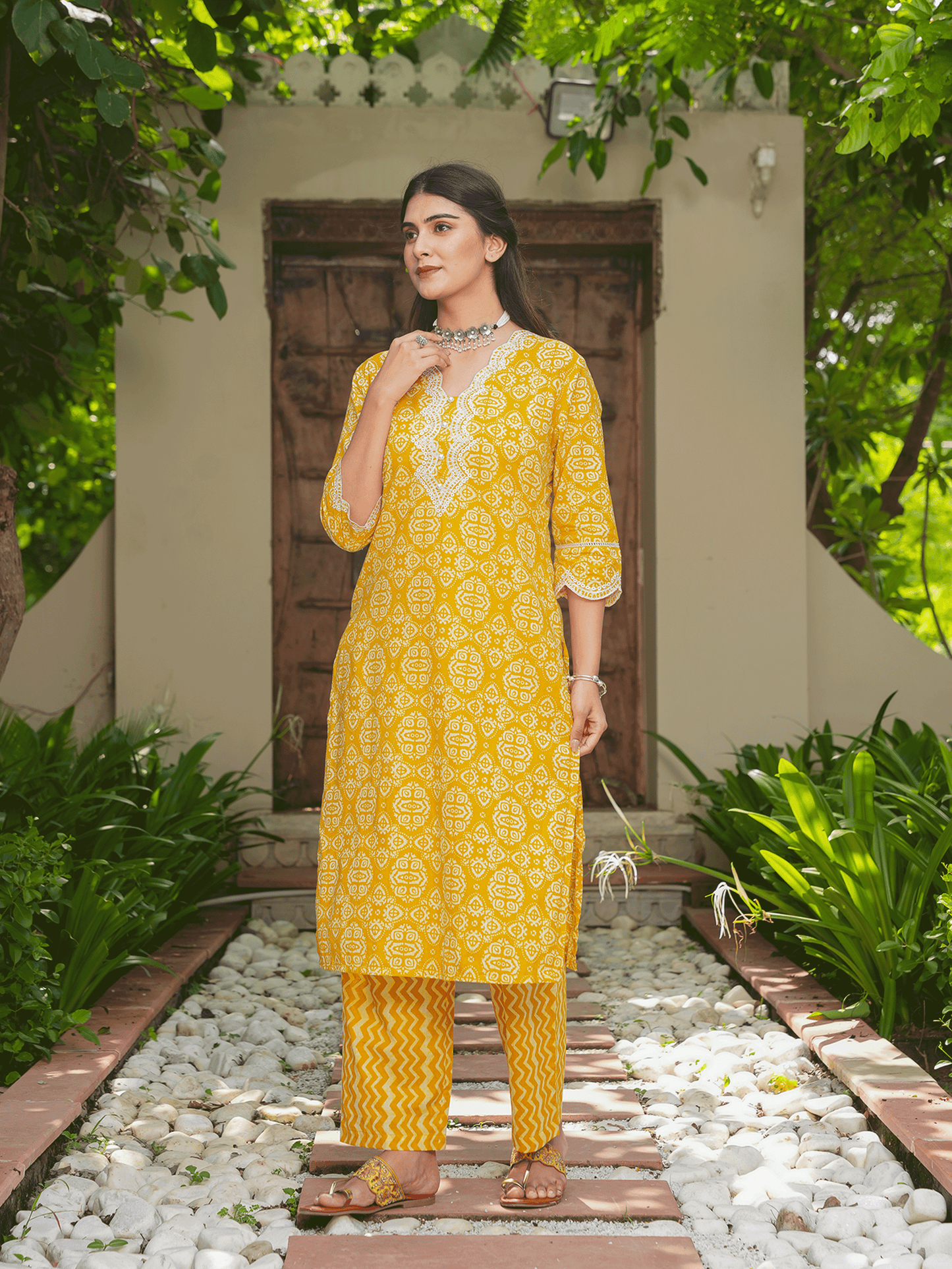 Soft Cotton Geometric Straight Yellow Kurta
