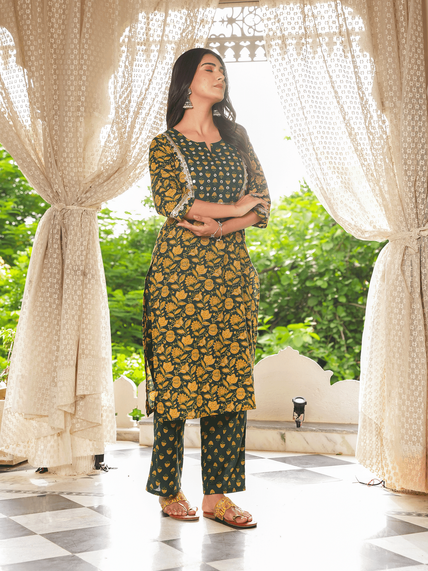 Embroidered Soft Cotton Floral Straight Green Kurta
