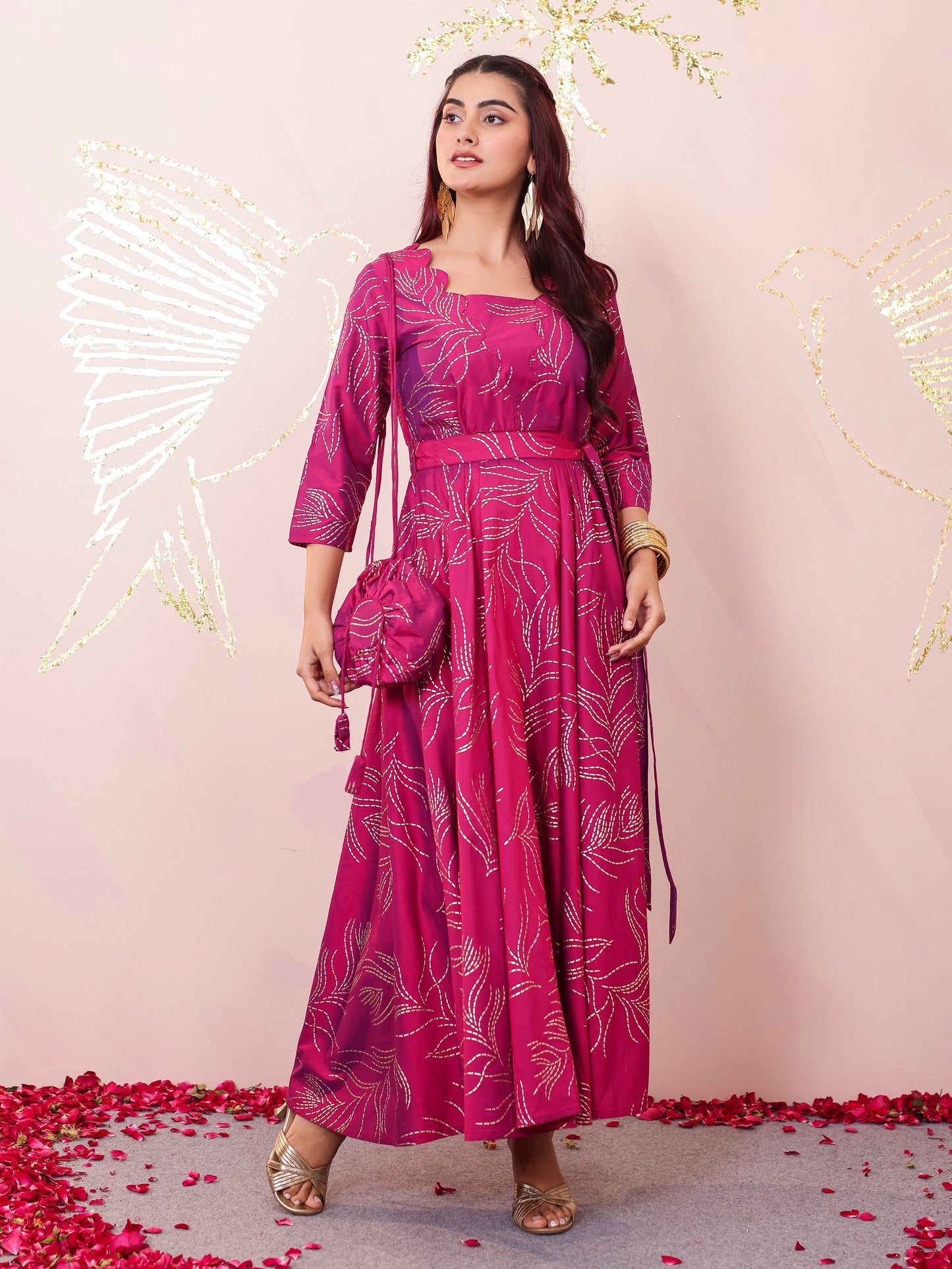 Chanderi Gold foil Anarkali Pink Dress (With Bag)