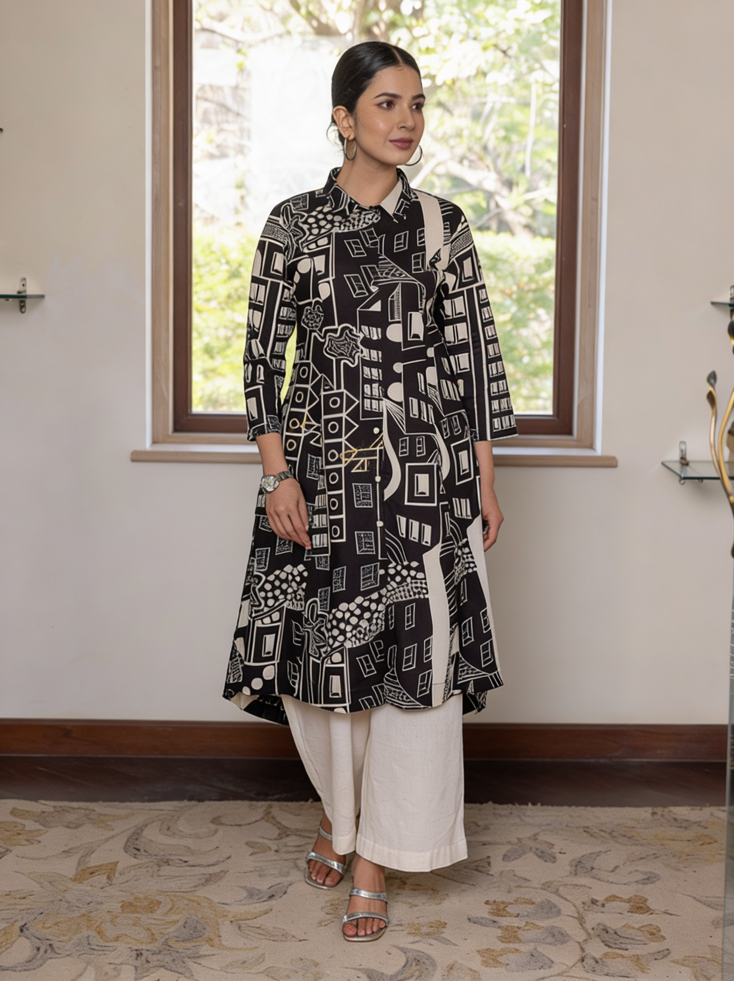 Soft Cotton Geometric High Low Black Kurta