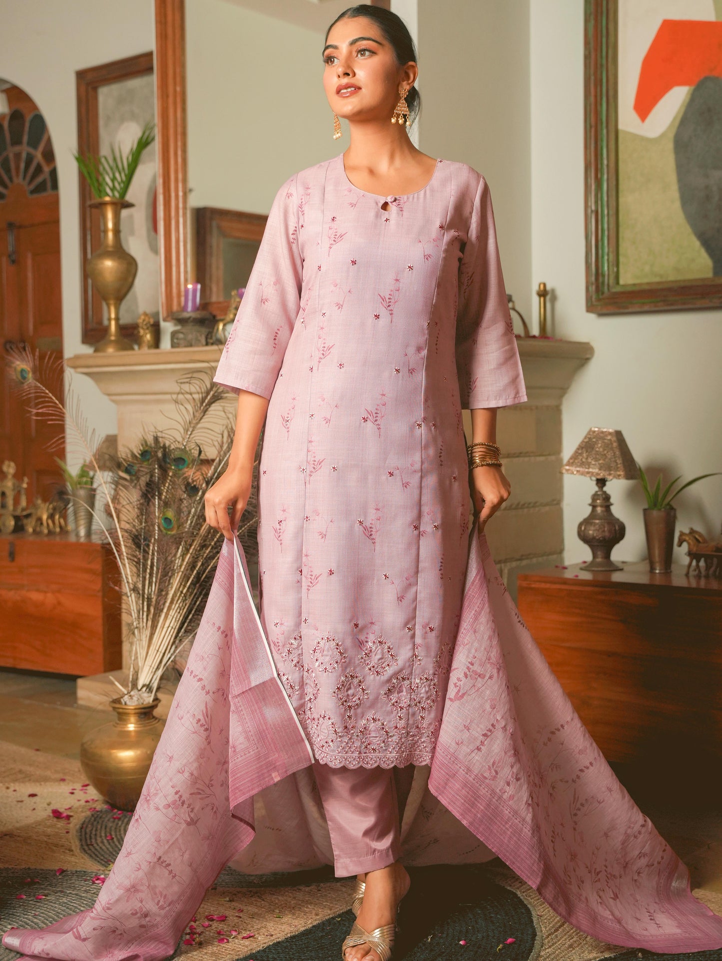 Linen Blend Floral Panelled Pink