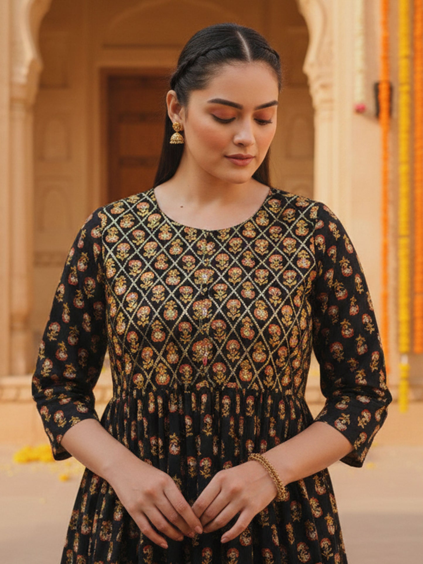 Embroidered Soft Cotton Butti Flared Black Kurta