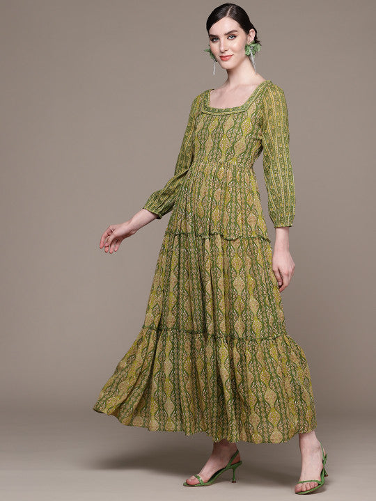 aarke Ritu Kumar Ethnic Motifs Print Puff Sleeves Tiered A-Line Maxi Dress