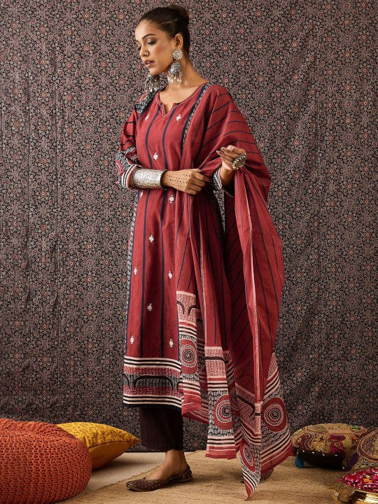 Indo Era Women Printed Regular Thread Work Pure Cotton Kurta with Trousers & With Dupatta