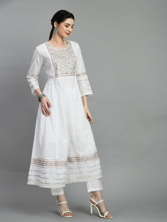 all about you Women Yoke Design Angrakha Thread Work Pure Cotton Kurta with Trousers & With Dupatta